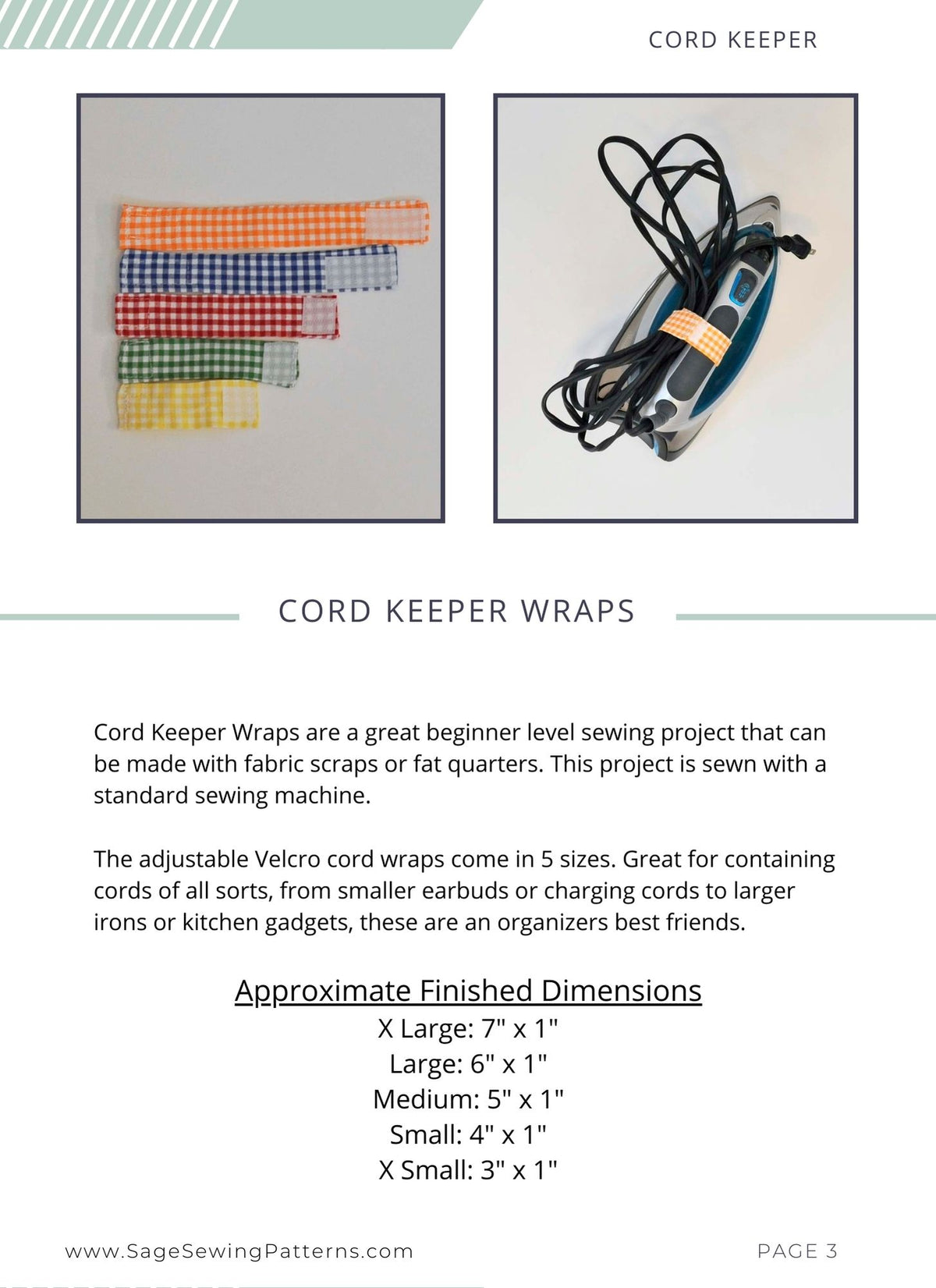 Cord Keeper Wraps, digital sewing pattern tutorial, 5 sizes