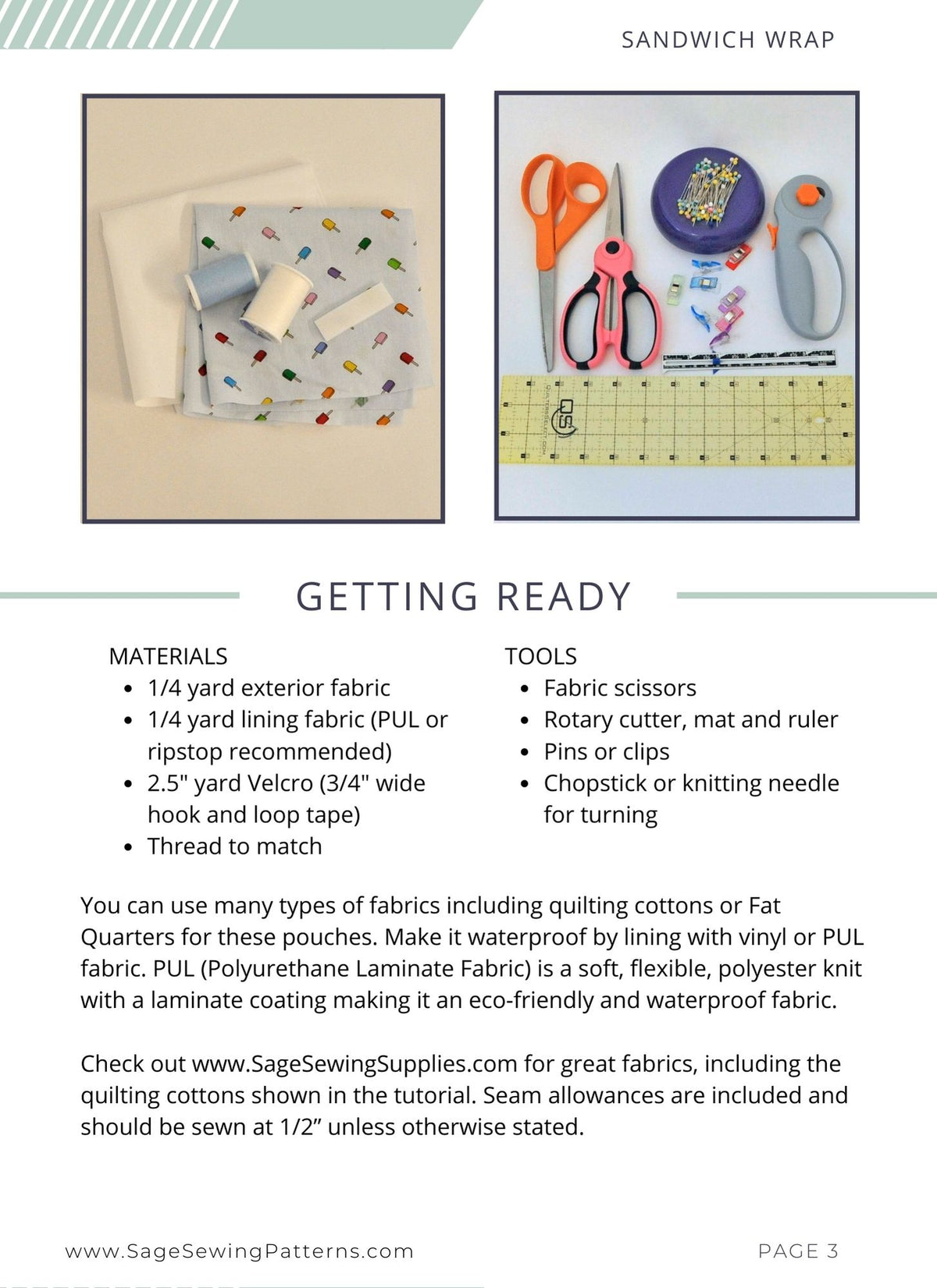 Reusable Sandwich Wrap, digital sewing pattern tutorial