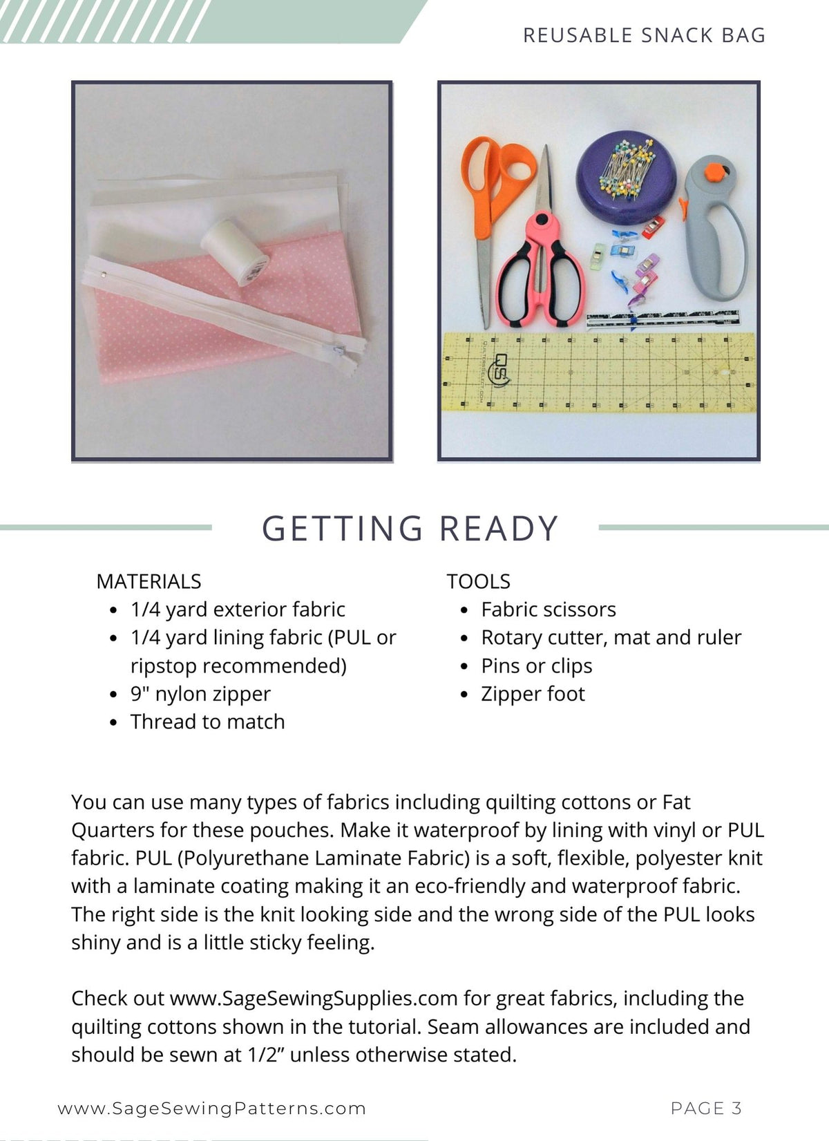 Reusable Zippered Snack Bag, digital sewing pattern tutorial in 2 sizes