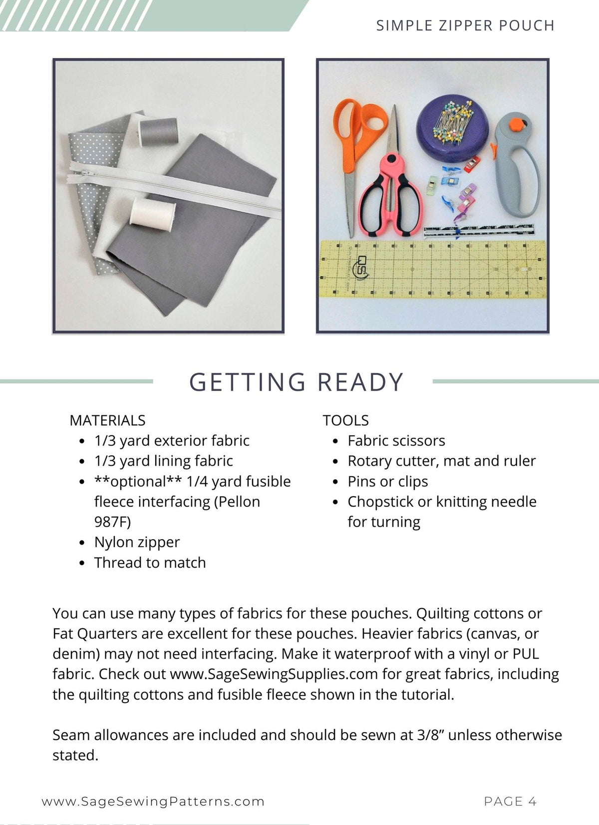 Simple Zipper Pouch, digital sewing pattern tutorial in 3 sizes