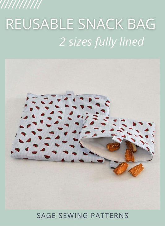 Velcro Reusable Snack Bag, digital sewing pattern tutorial in 2 sizes