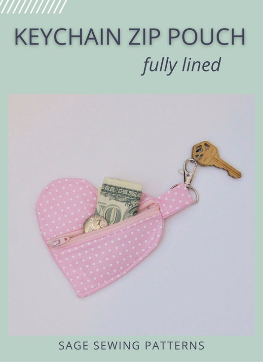 Heart Keychain Zipper Pouch, digital sewing pattern tutorial