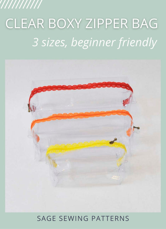 Clear Boxy Bag Zip Pouch, digital sewing pattern tutorial
