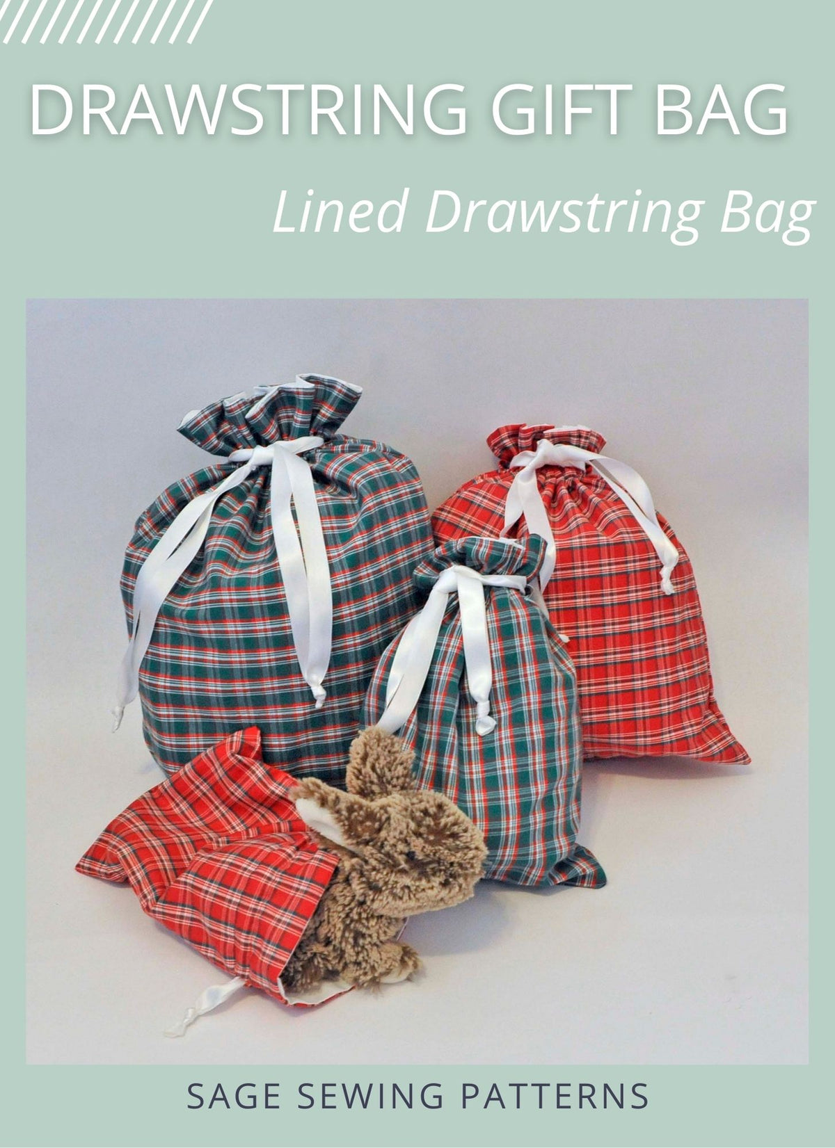 Reusable Drawstring Gift Bags, digital sewing pattern tutorial in 4 sizes