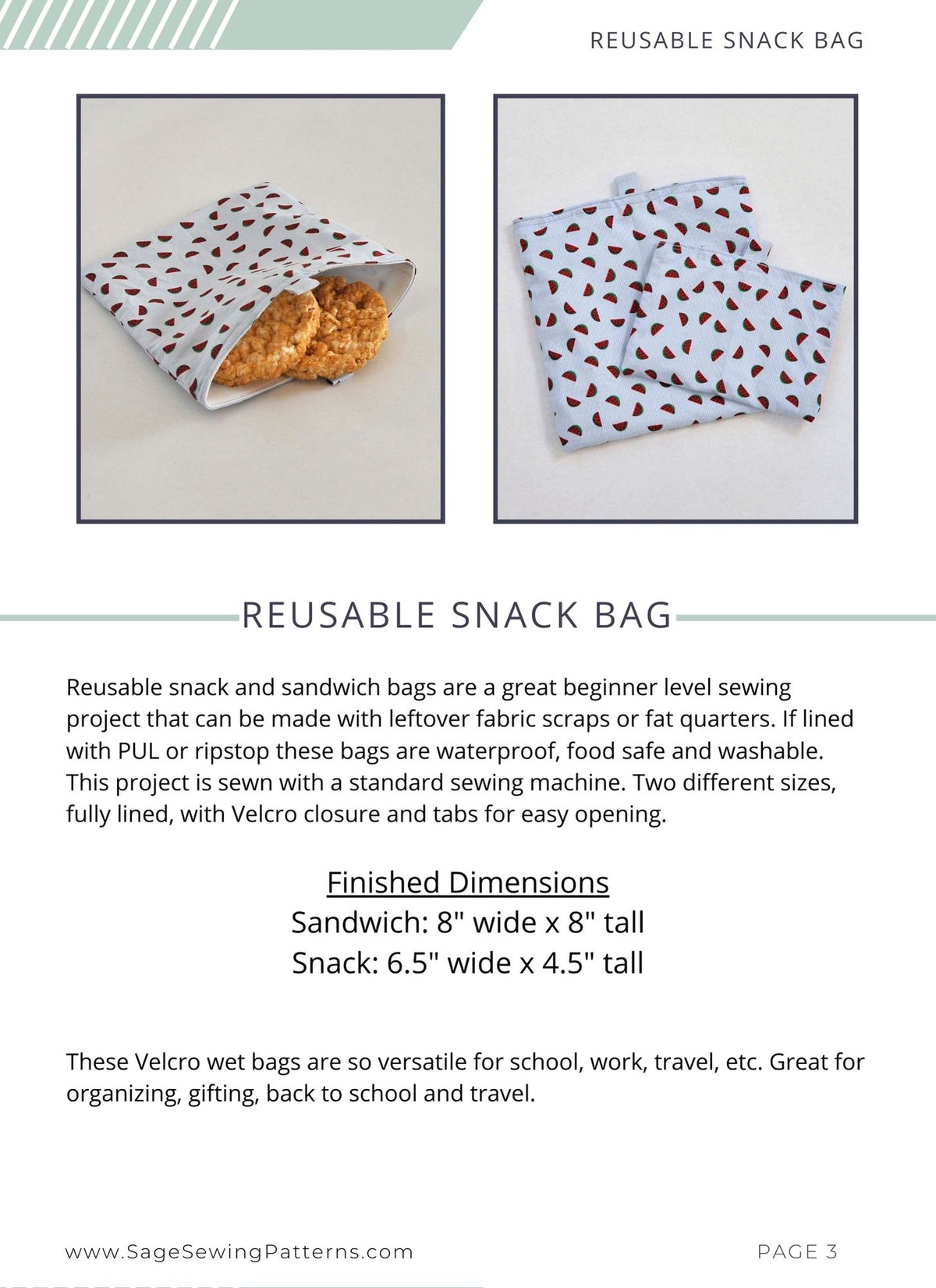 Velcro Reusable Snack Bag, digital sewing pattern tutorial in 2 sizes