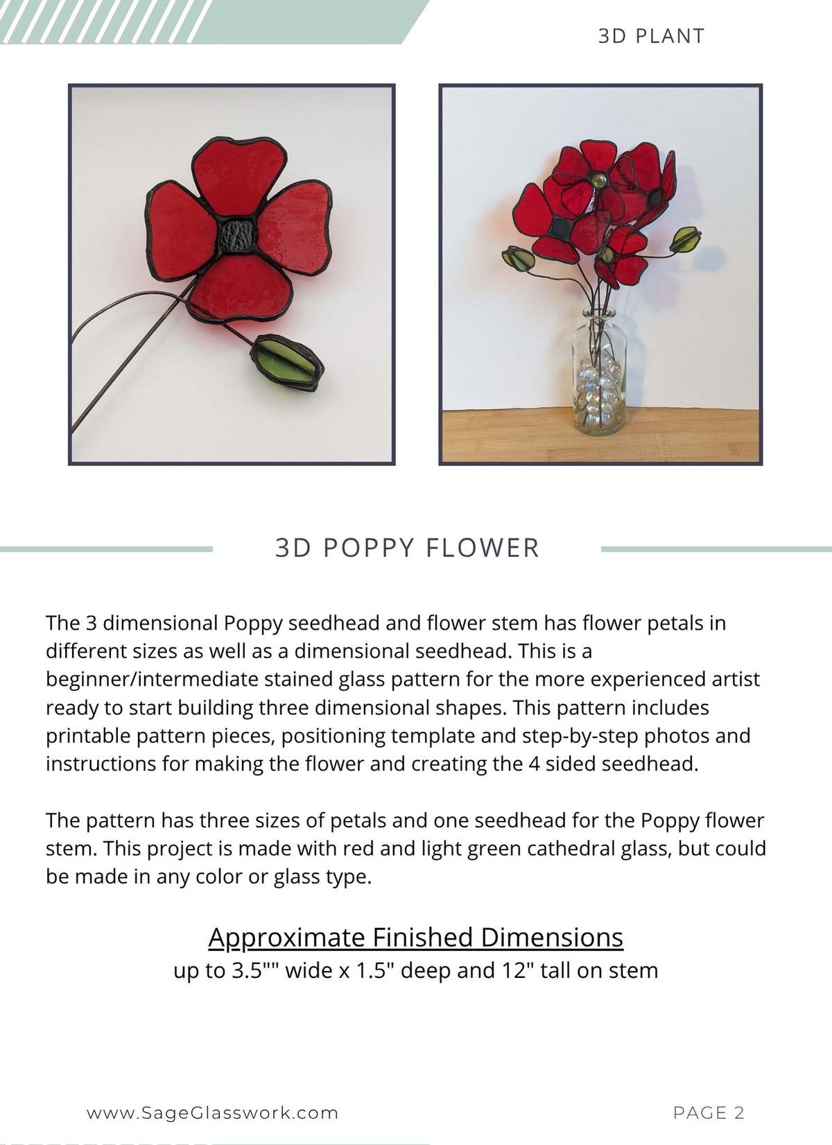 3D Poppy Flower and Seedhead TUTORIAL stained glass pattern