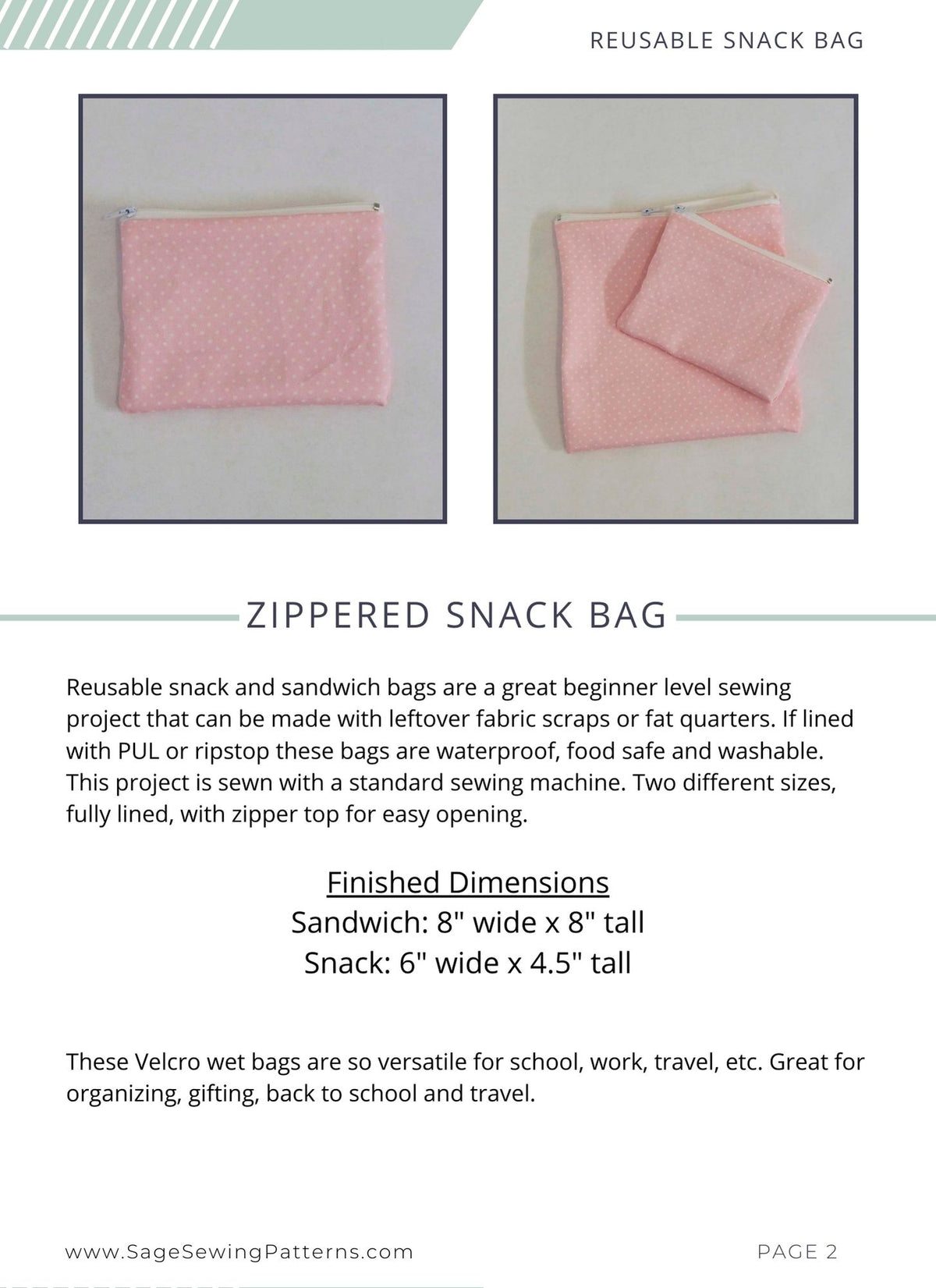 Reusable Zippered Snack Bag, digital sewing pattern tutorial in 2 sizes