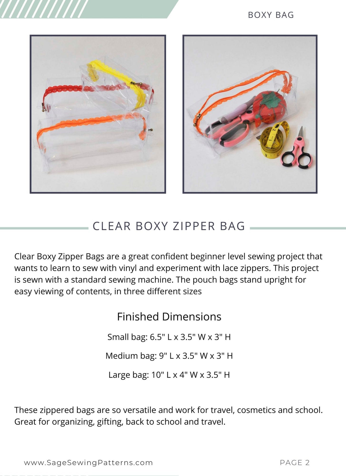 Clear Boxy Bag Zip Pouch, digital sewing pattern tutorial
