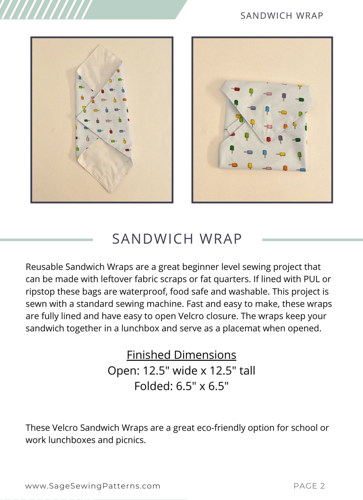Reusable Sandwich Wrap, digital sewing pattern tutorial