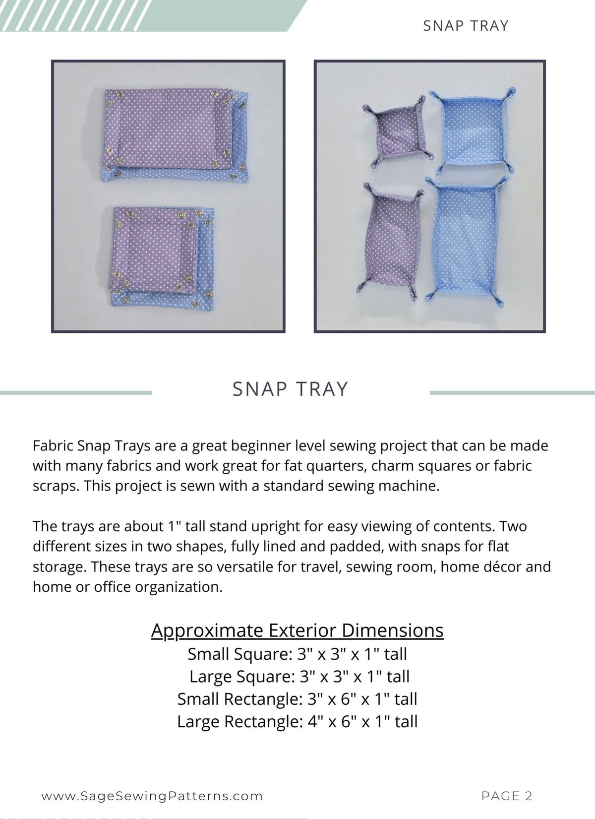 Snap Tray, digital sewing pattern tutorial 4 sizes