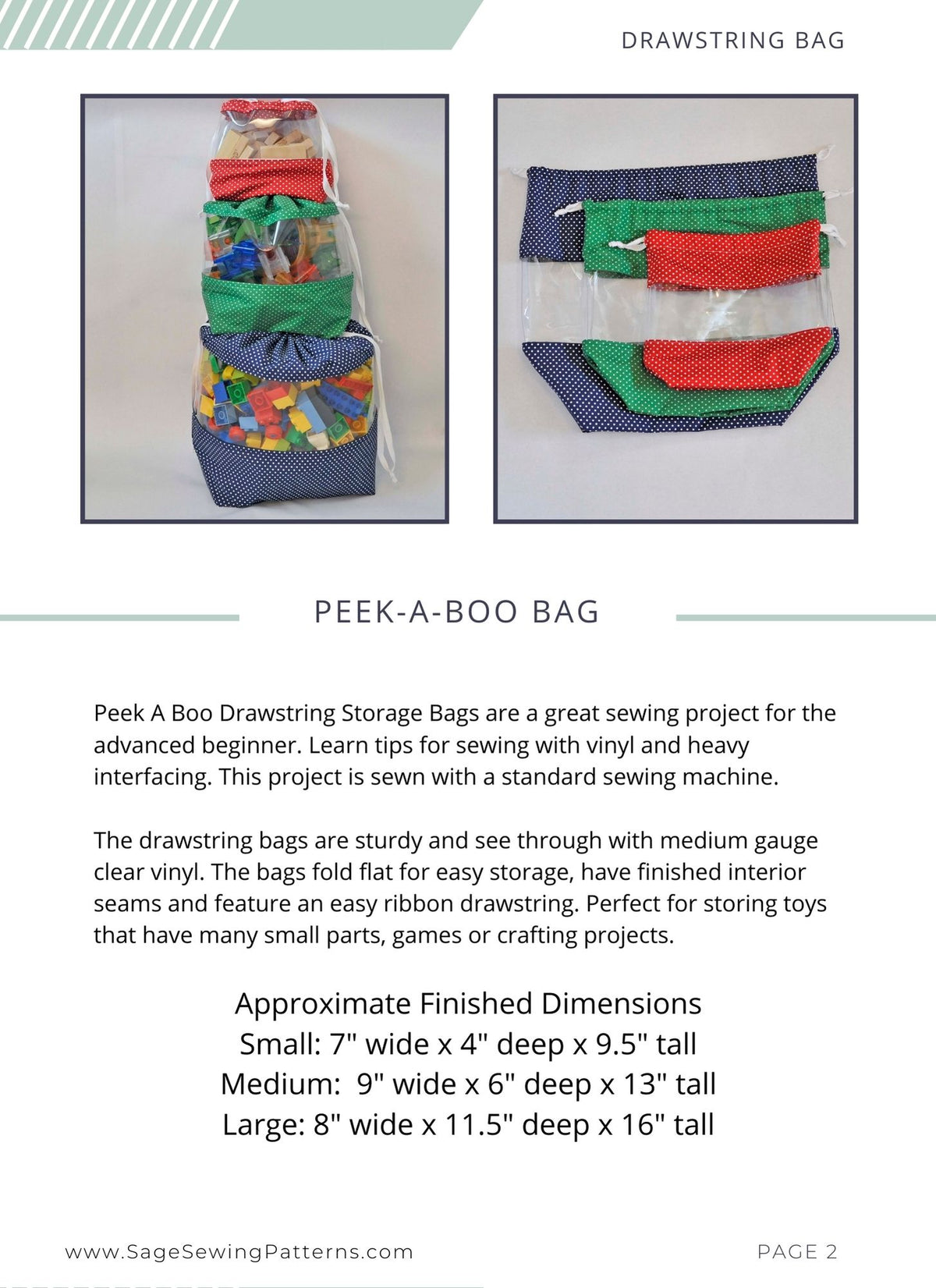 Peek A Boo storage bags, digital sewing pattern tutorial in 3 sizes