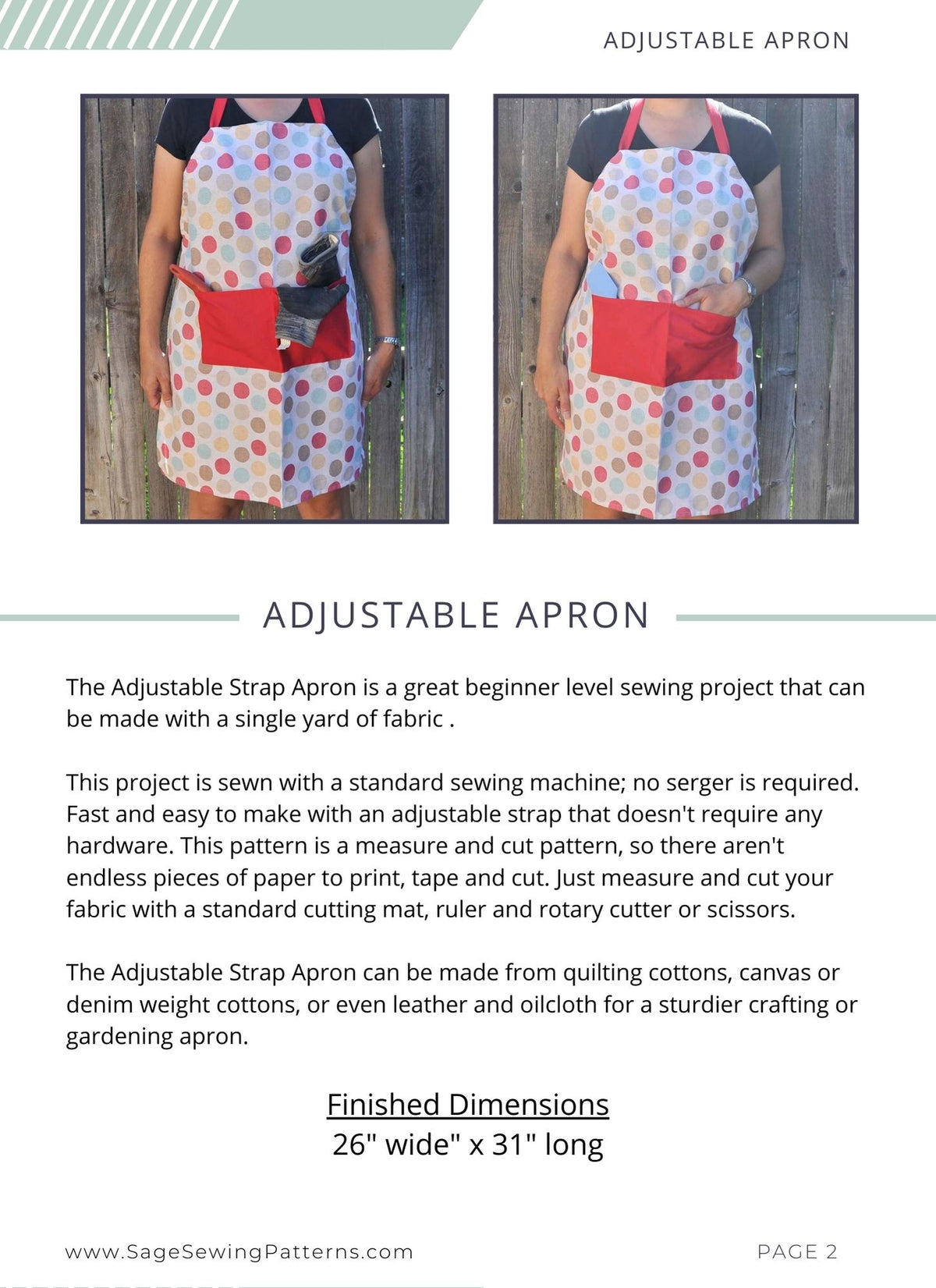 Adjustable Strap Apron, digital sewing pattern tutorial