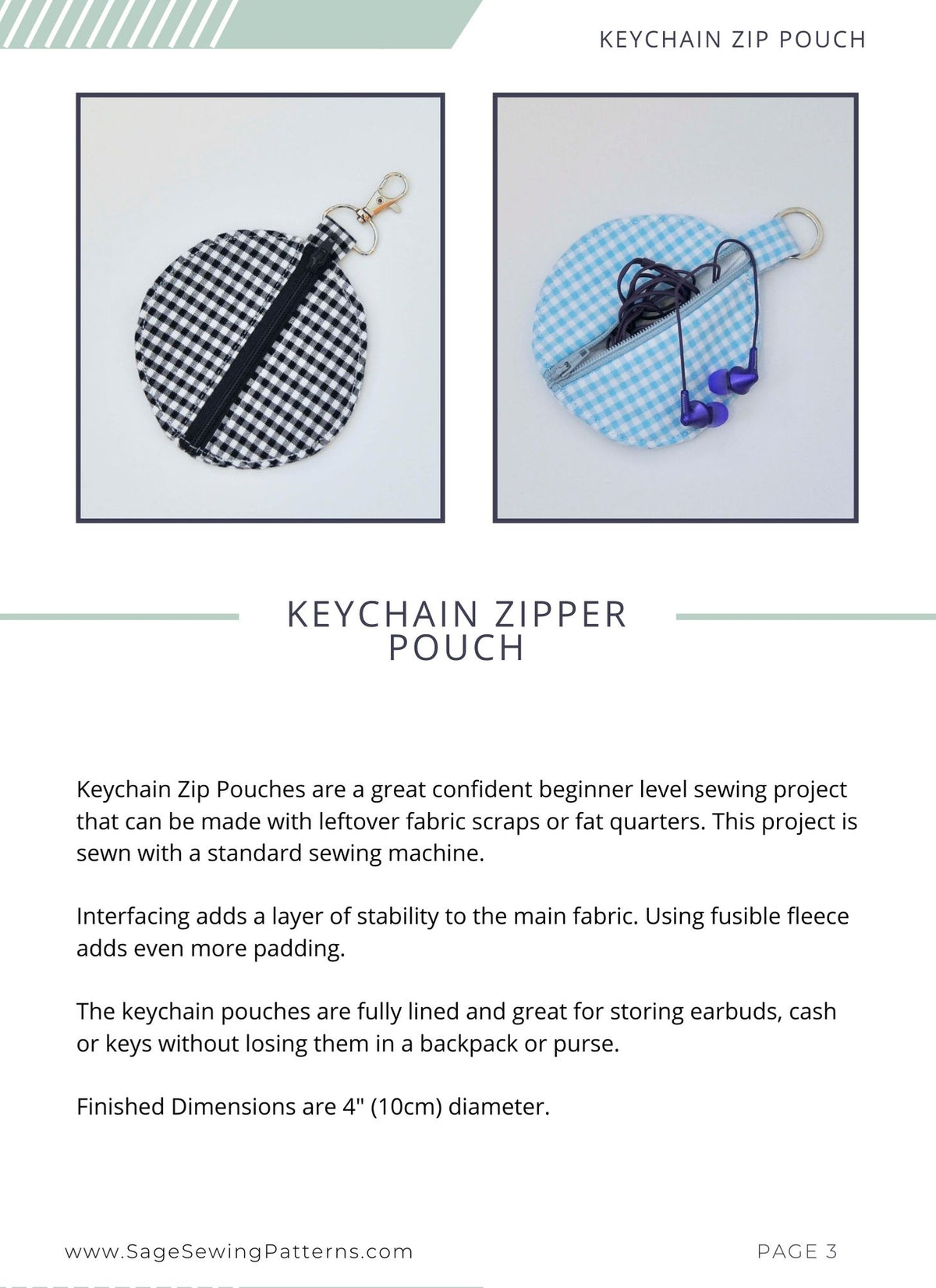 Round Keychain Zipper Pouch, digital sewing pattern tutorial