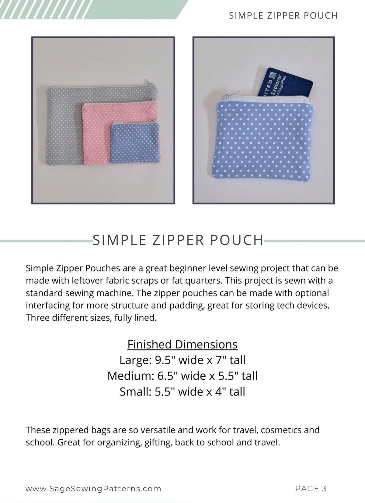 Simple Zipper Pouch, digital sewing pattern tutorial in 3 sizes