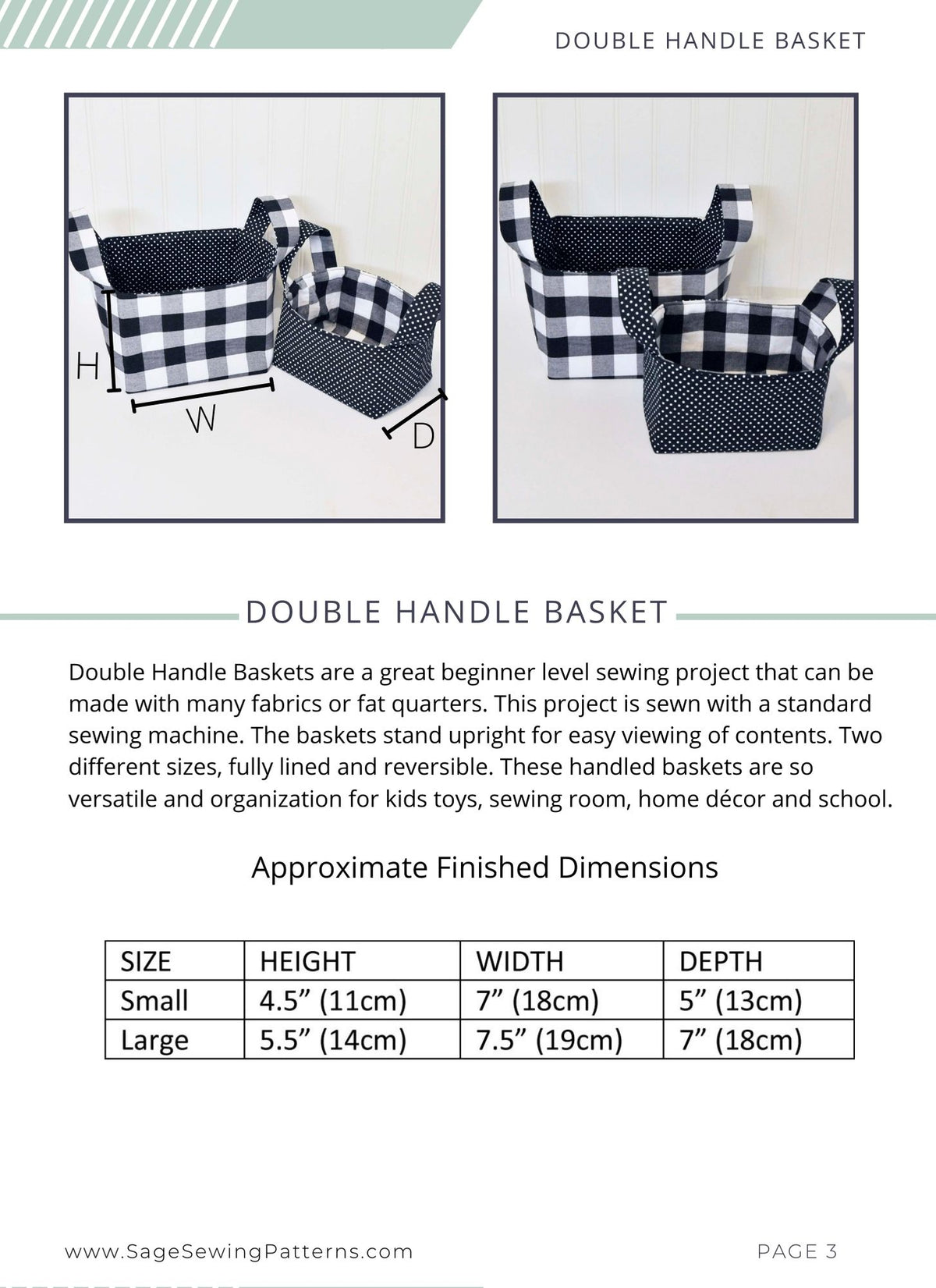 Double Handled Basket, digital sewing pattern tutorial 2 sizes