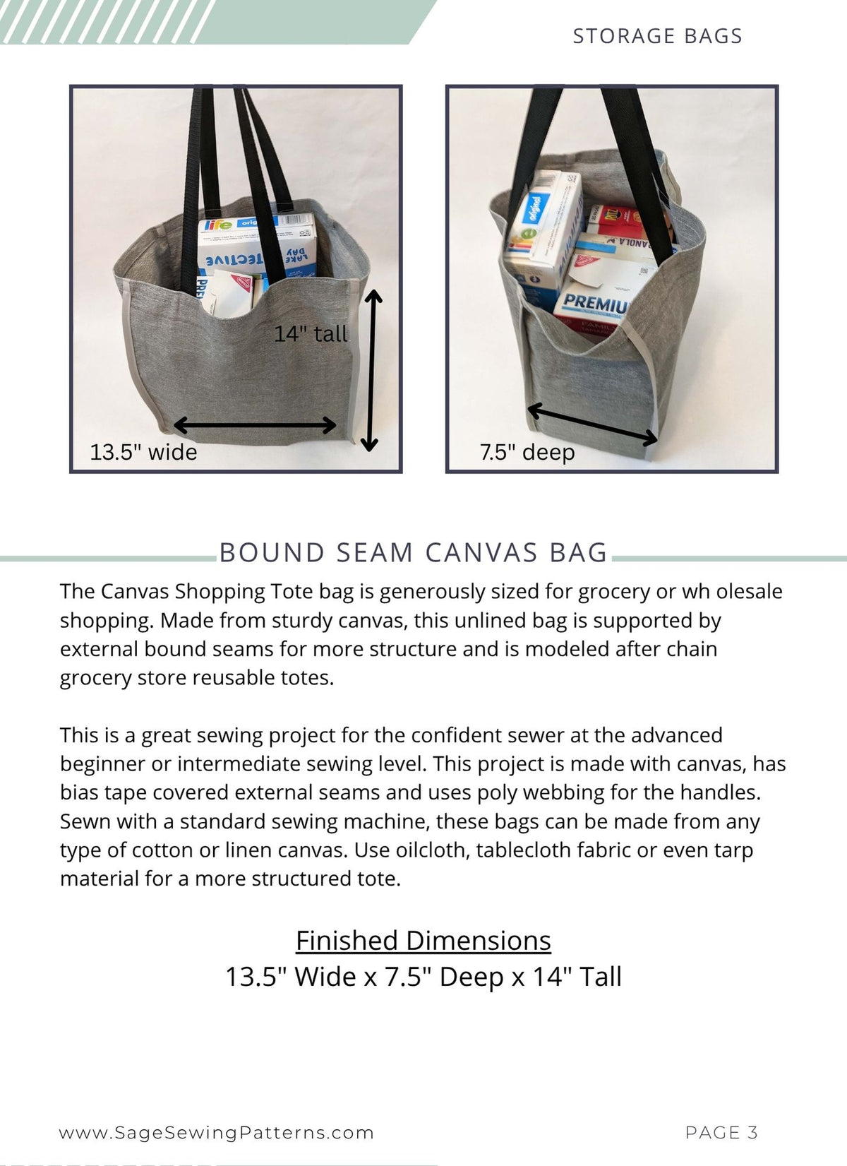 Large Canvas Shopping Tote, digital sewing pattern tutorial with bound seams