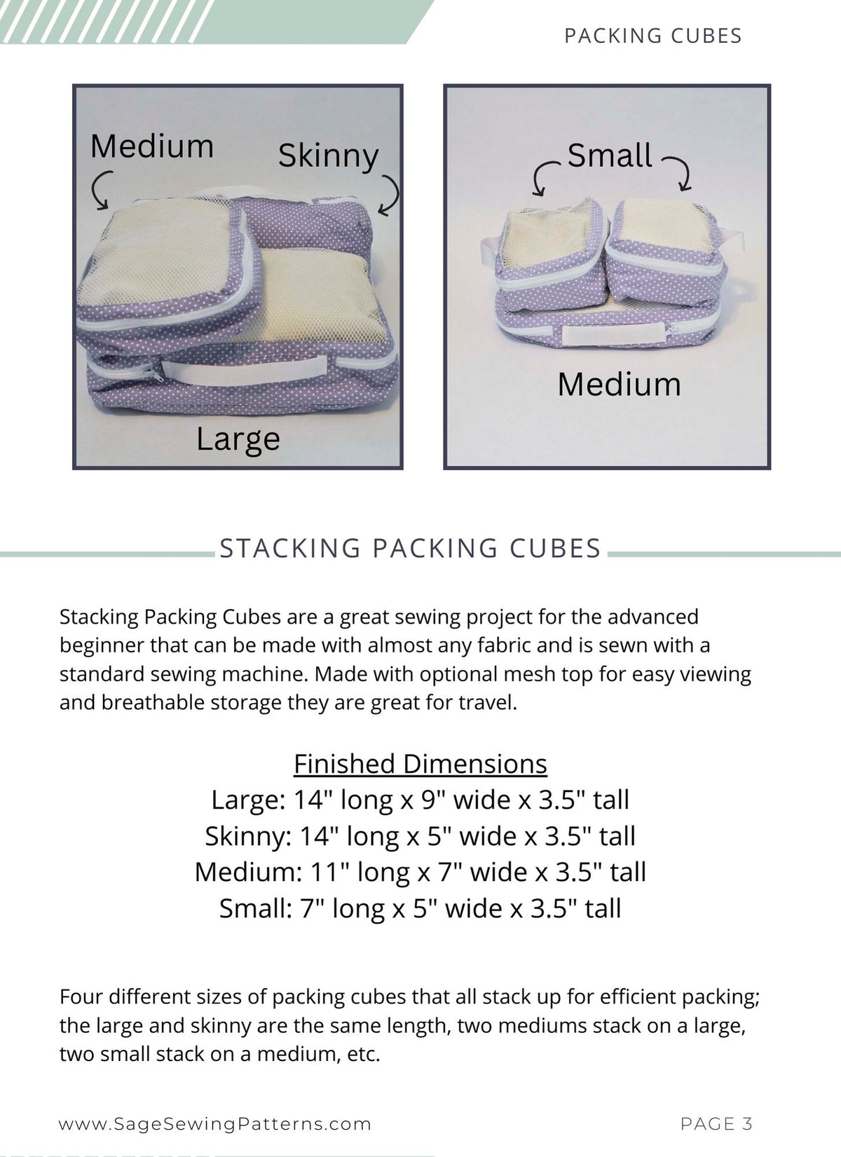Stacking Packing Cubes, digital sewing pattern tutorial in 4 sizes