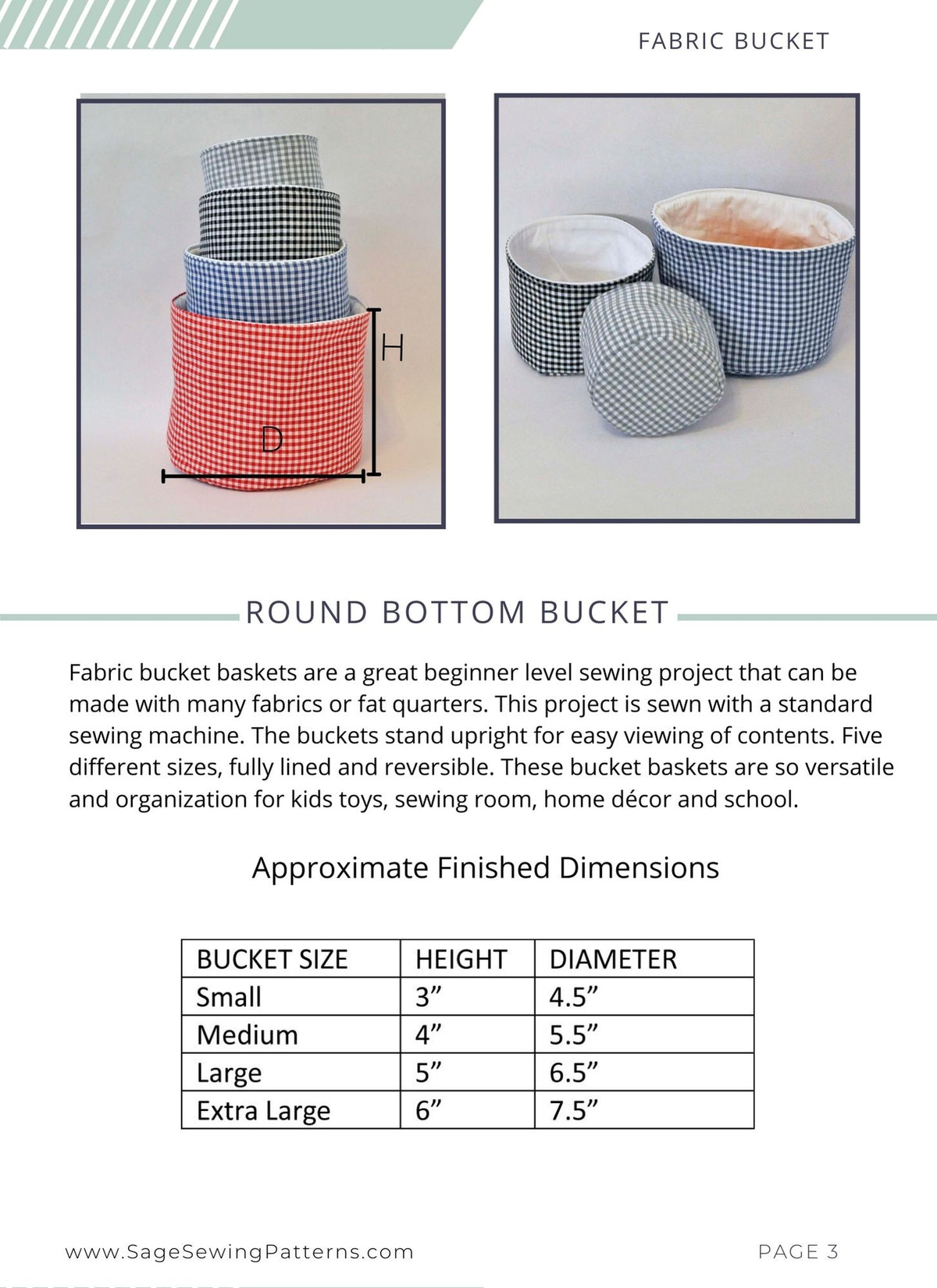 Round Bottom Bucket, digital sewing pattern tutorial 4 sizes
