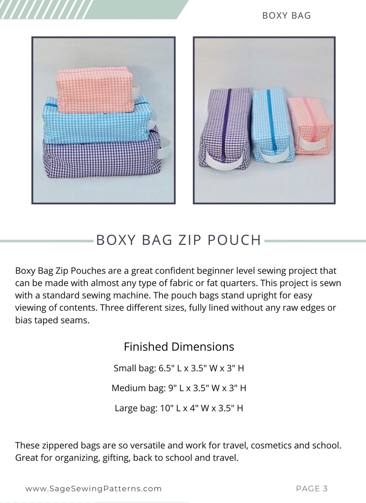 Boxy Bag Zip Pouch, digital sewing pattern tutorial