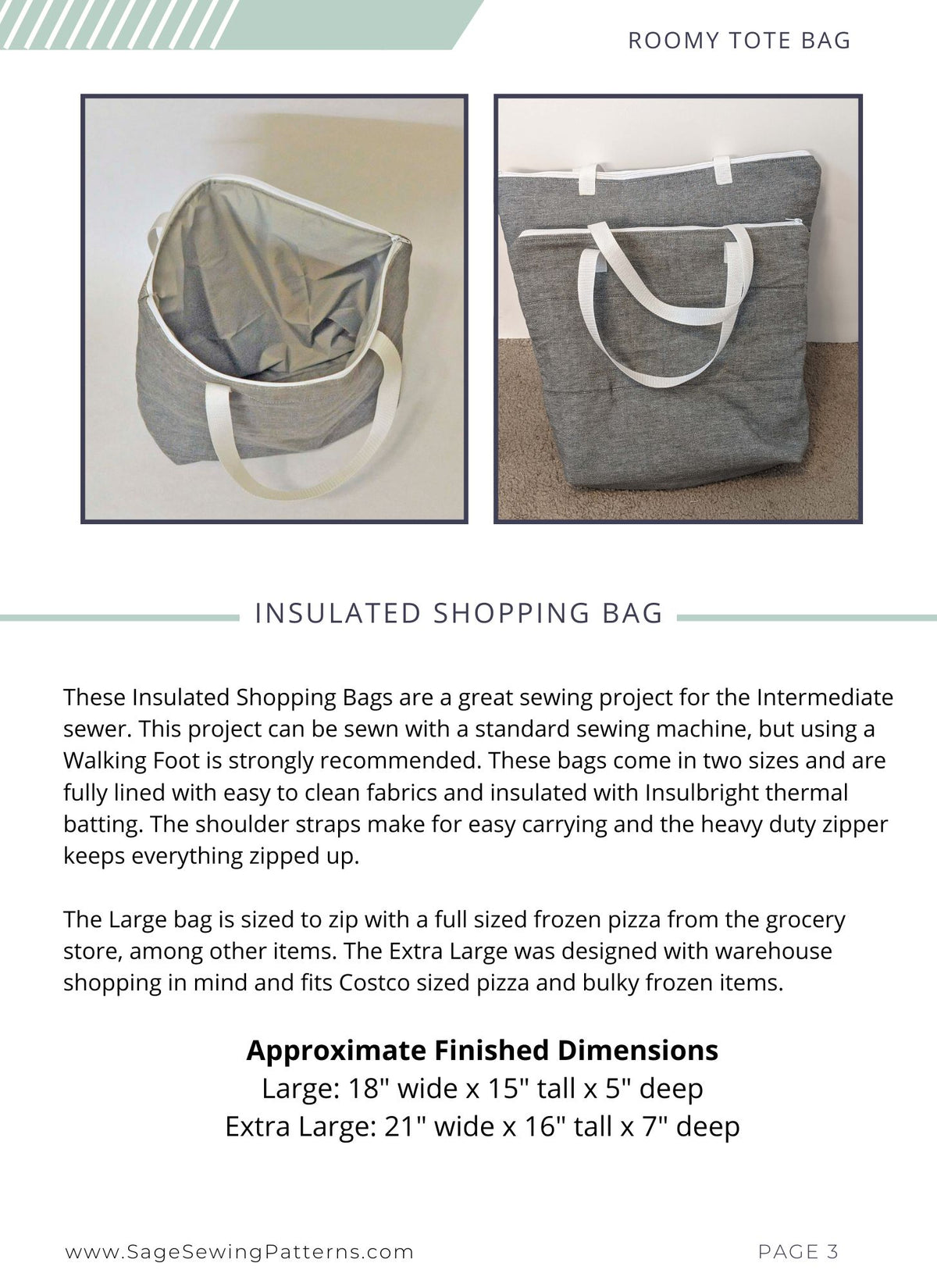 Insulated Shopping Bag, digital sewing pattern tutorial, sizes L & XL