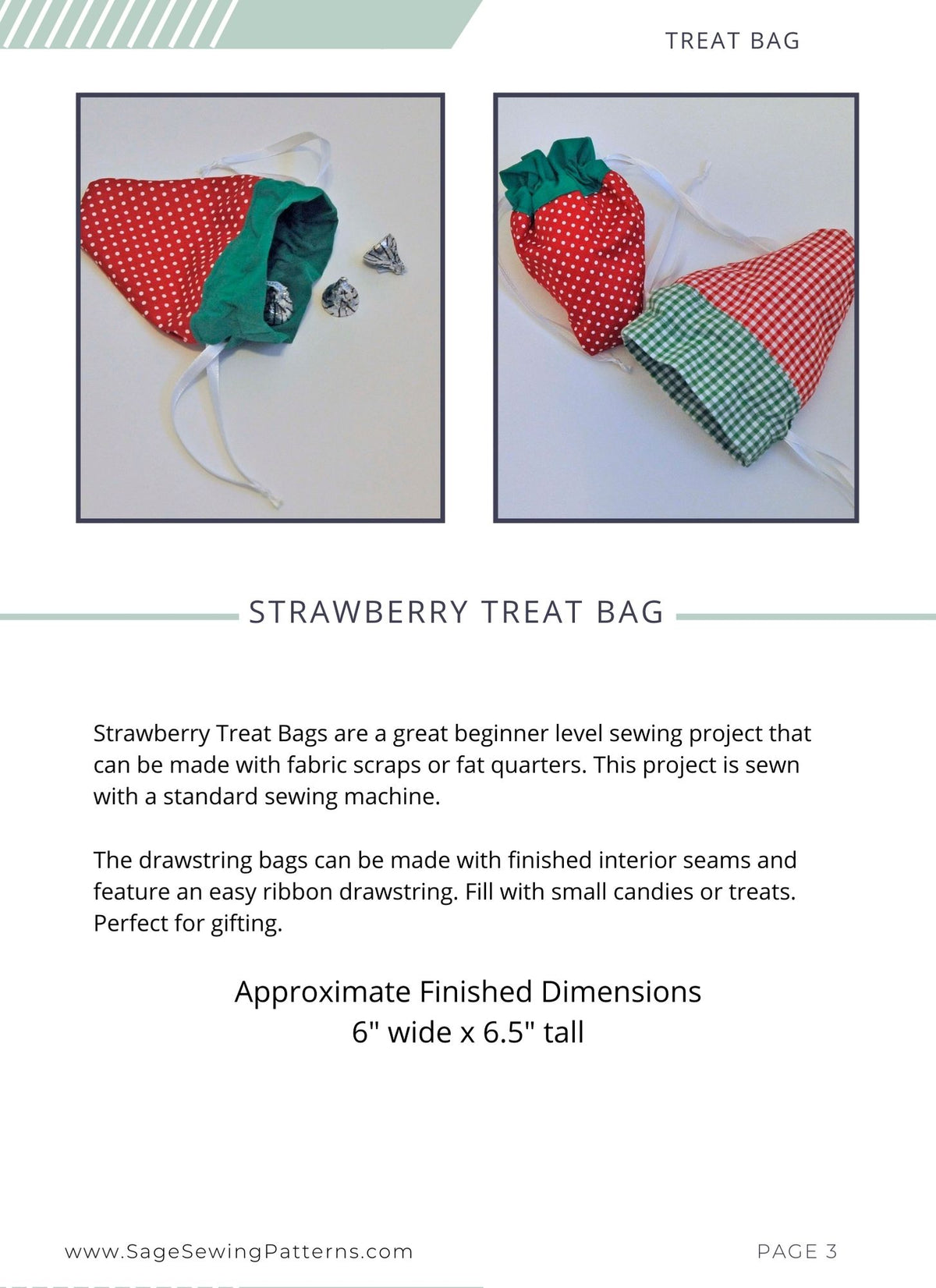 Strawberry Treat Bags, digital sewing pattern tutorial