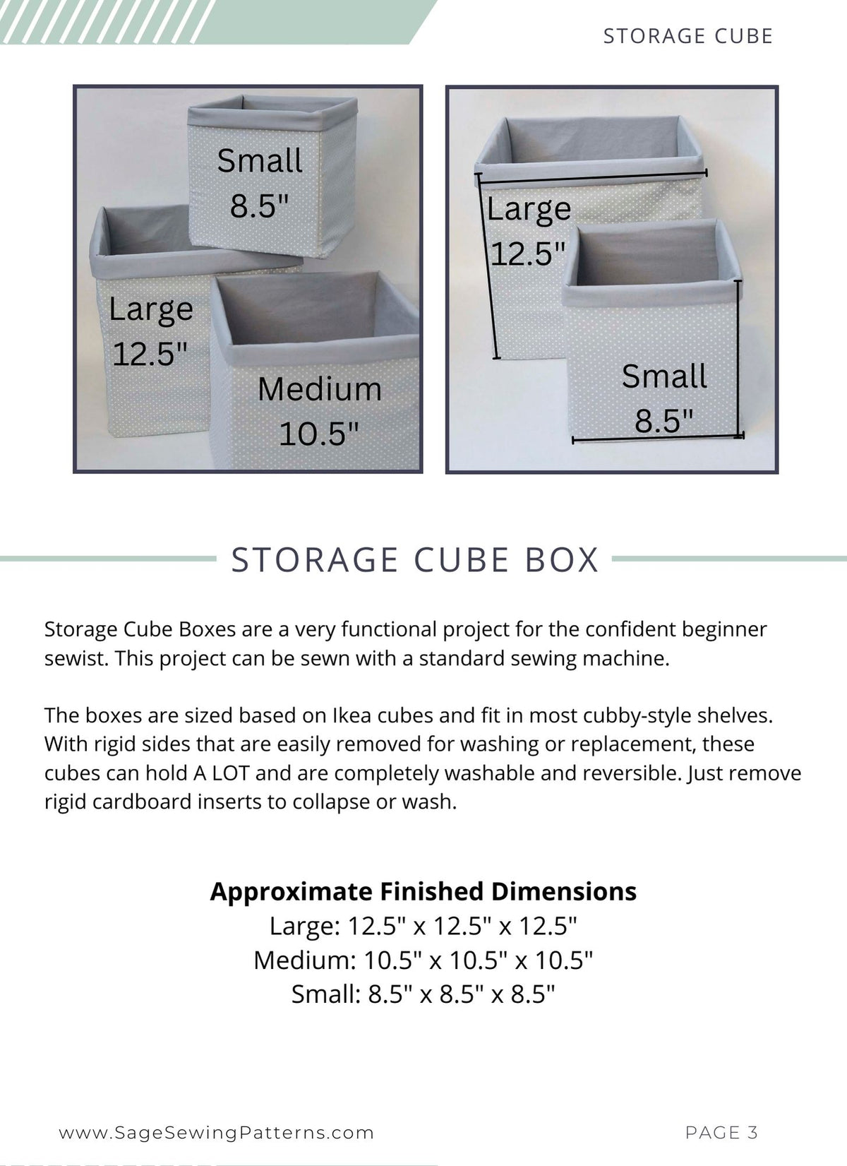 Storage Cube Box, digital sewing pattern tutorial 3 sizes