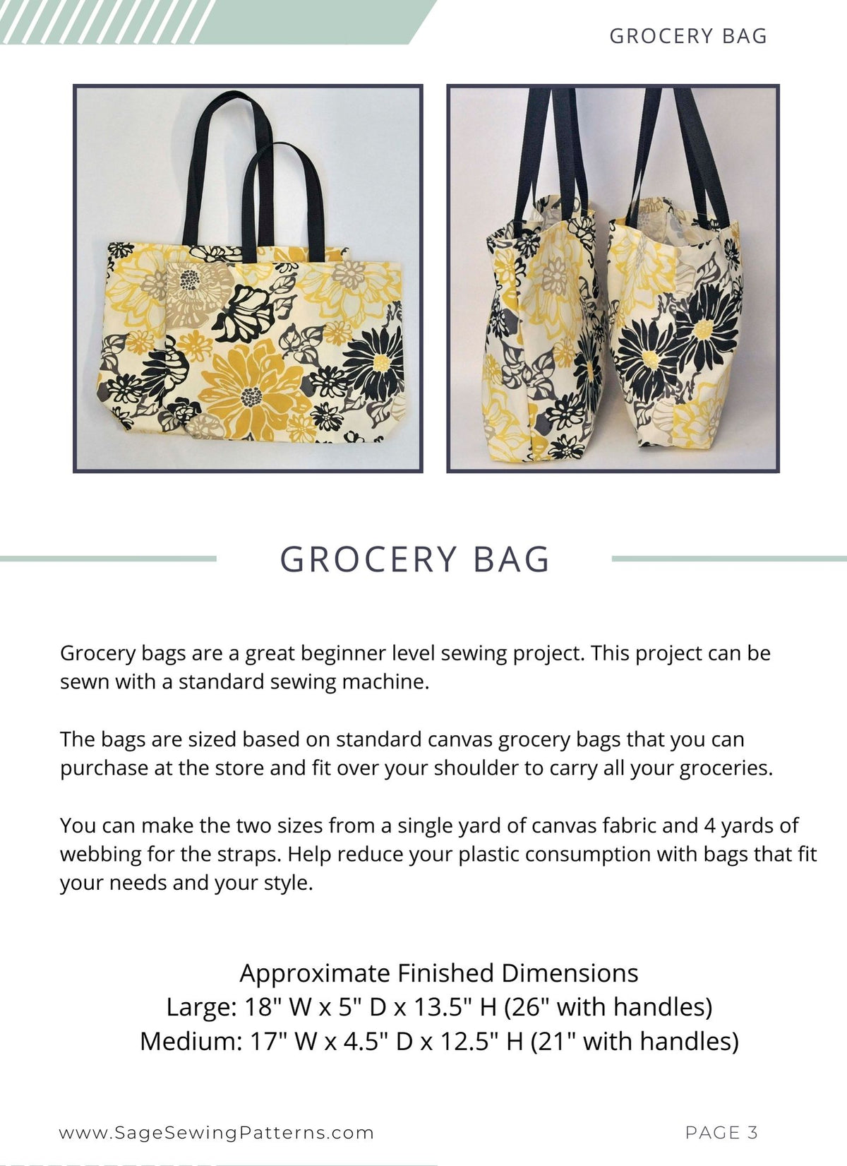 Canvas Grocery Bag, digital sewing pattern tutorial