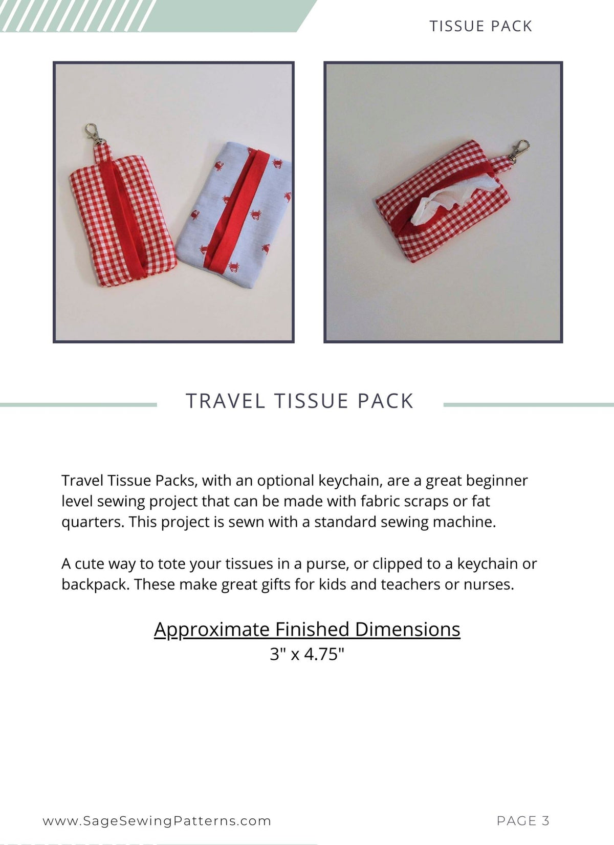 Travel Tissue Pouch, digital sewing pattern tutorial