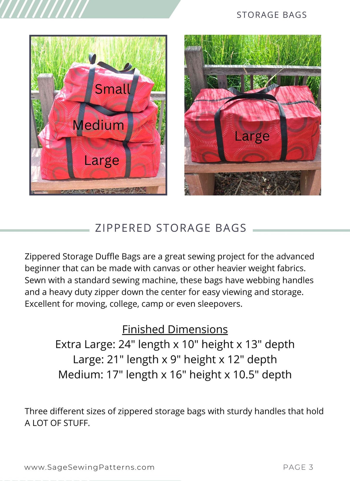 Zippered Storage Duffle Bags, digital sewing pattern tutorial, 3 sizes