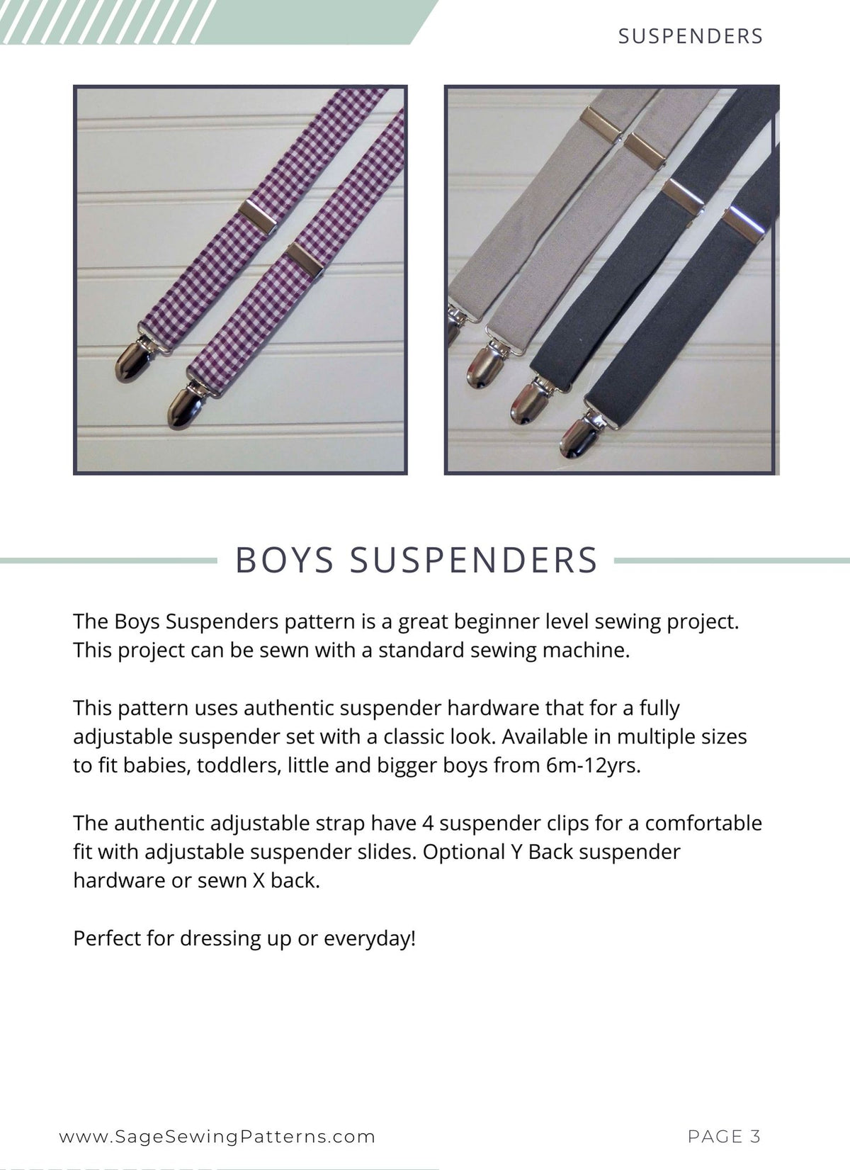 Boys Adjustable Suspenders, digital sewing pattern tutorial