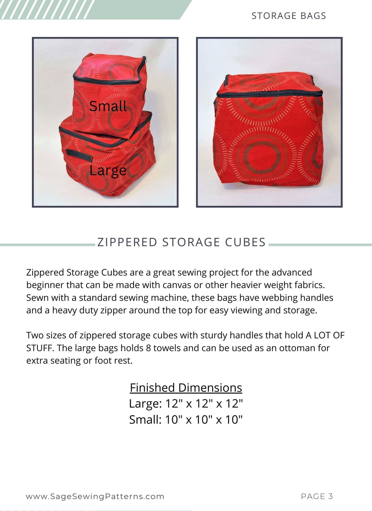 Zippered Storage Cubes, digital sewing pattern tutorial, 2 sizes