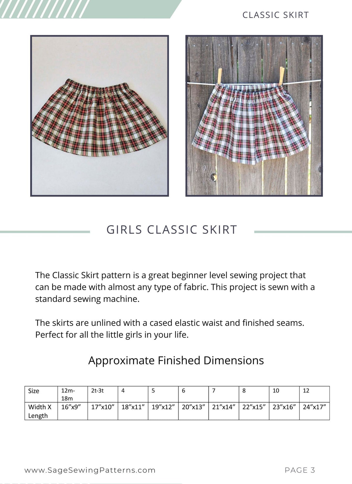 Girls Classic Skirt, digital sewing pattern tutorial