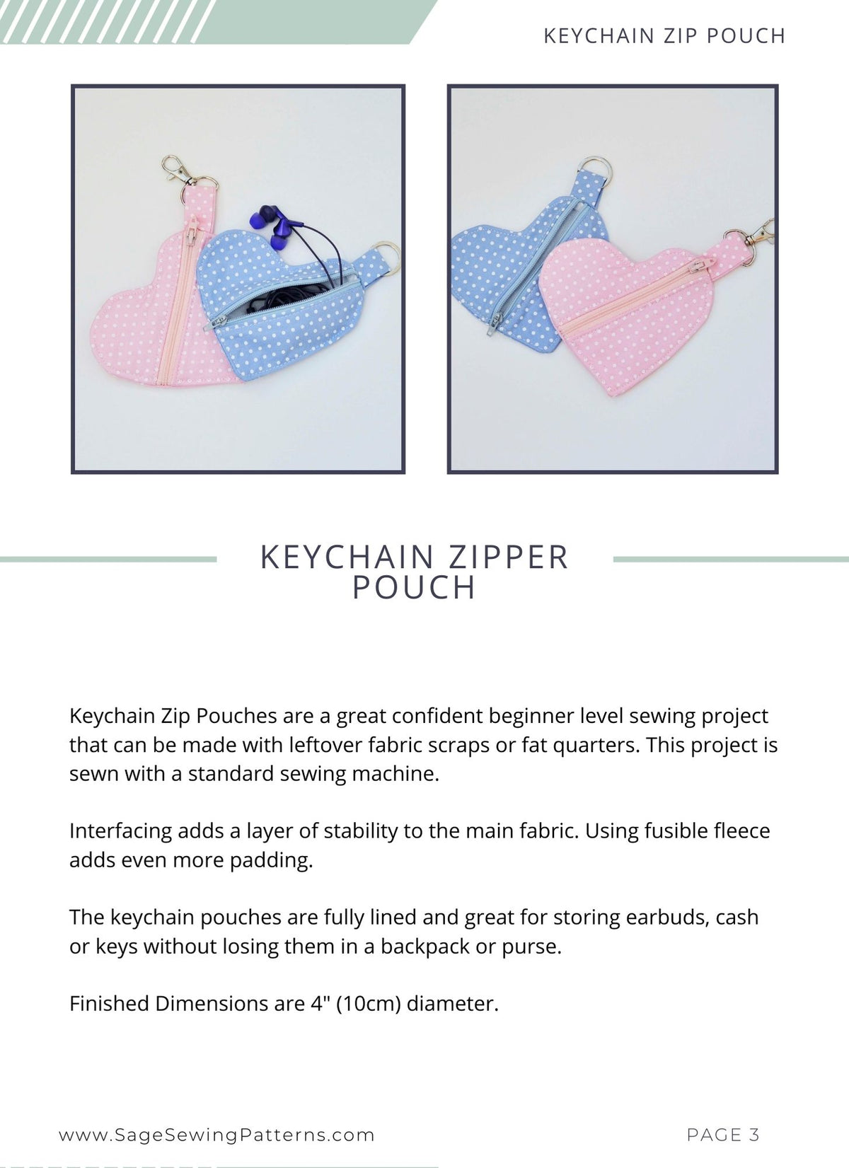 Heart Keychain Zipper Pouch, digital sewing pattern tutorial