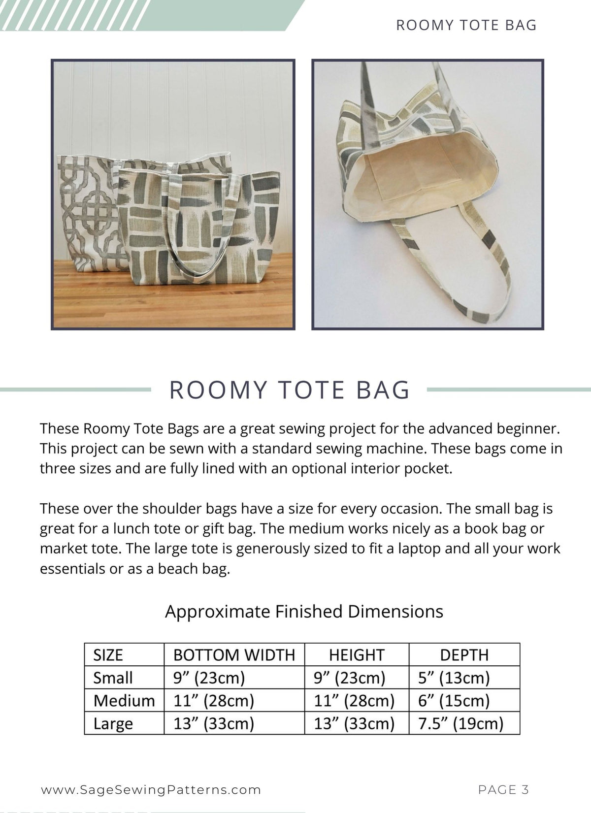 Roomy Tote Bag, digital sewing pattern tutorial 3 sizes