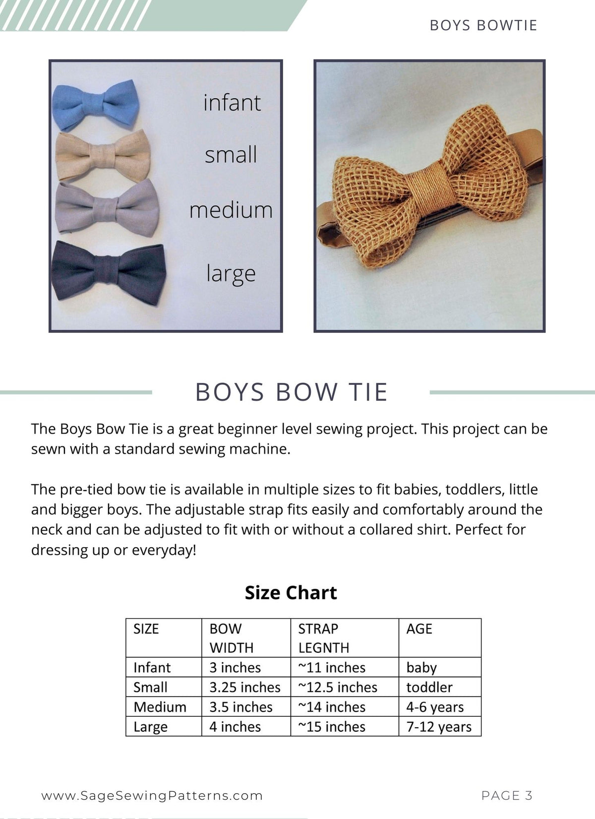 Boys Bow Tie, digital sewing pattern tutorial