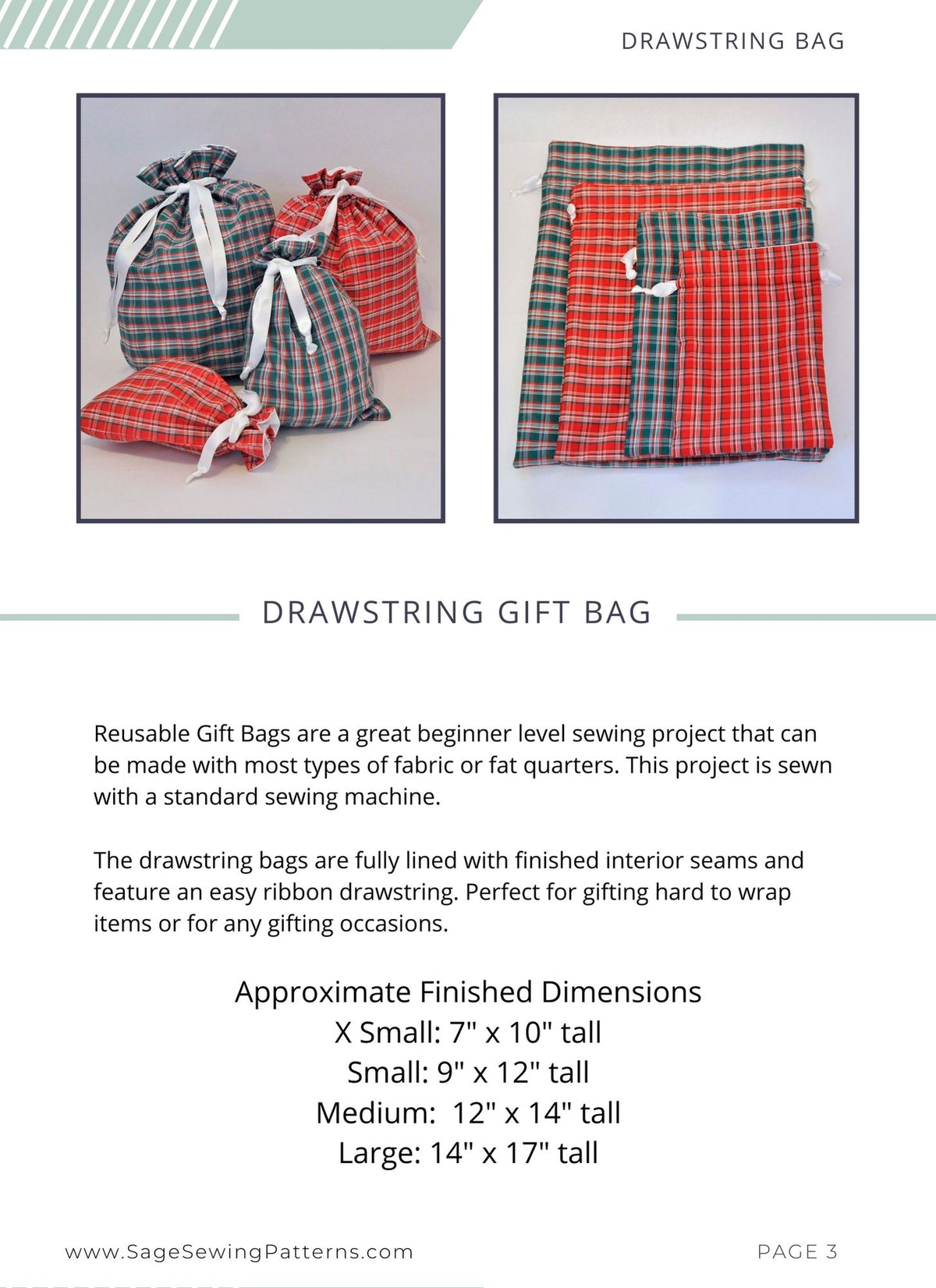 Reusable Drawstring Gift Bags, digital sewing pattern tutorial in 4 sizes