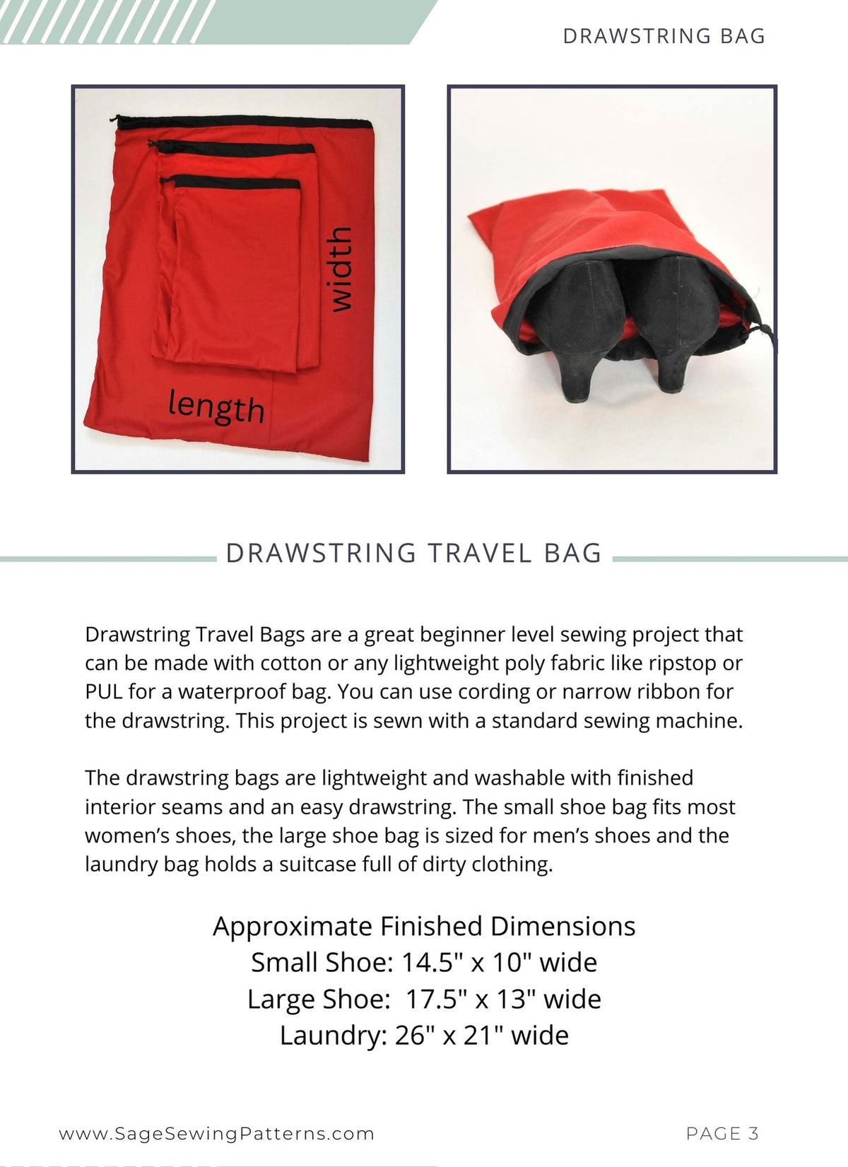 Travel shoe and laundry Drawstring bags, digital sewing pattern tutorial in 3 sizes