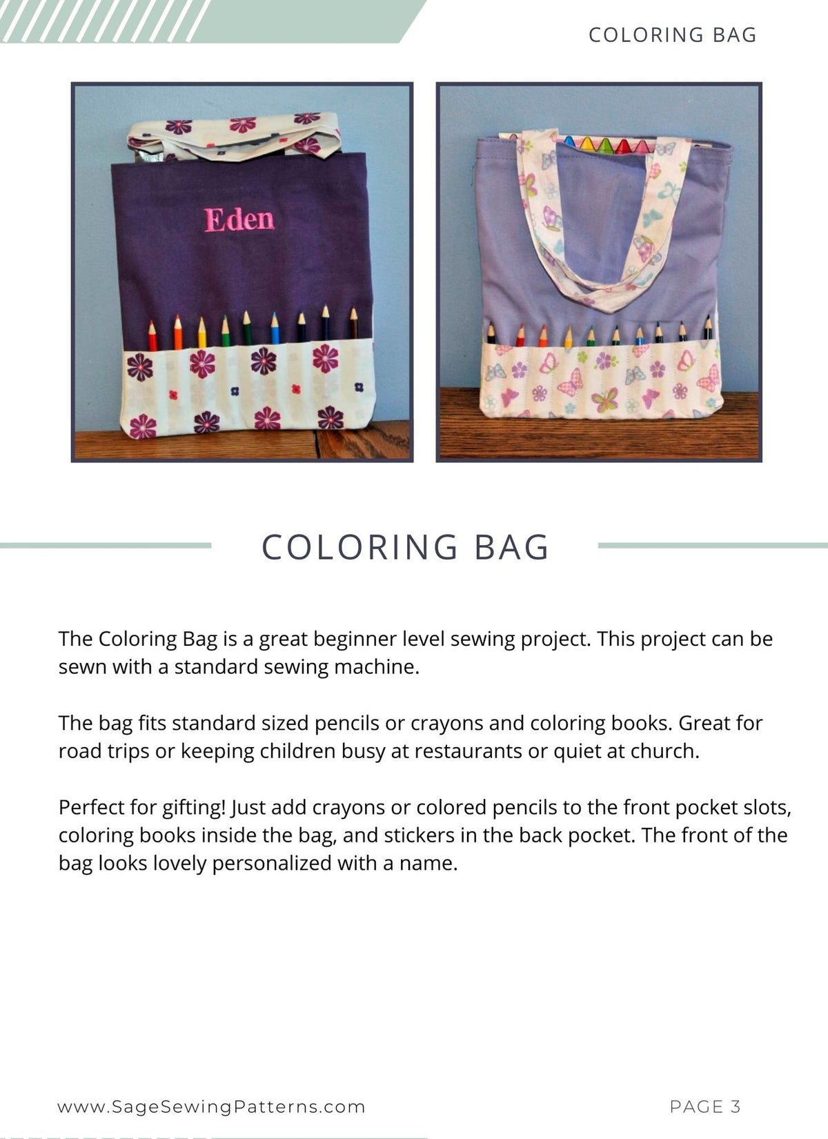 Coloring Bag, digital sewing pattern tutorial