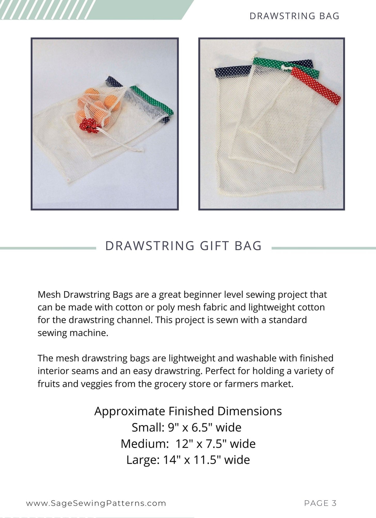Mesh Produce Bags, digital sewing pattern tutorial in 3 sizes