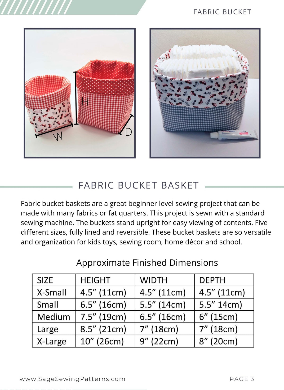 Fabric Bucket Basket, digital sewing pattern tutorial 5 sizes