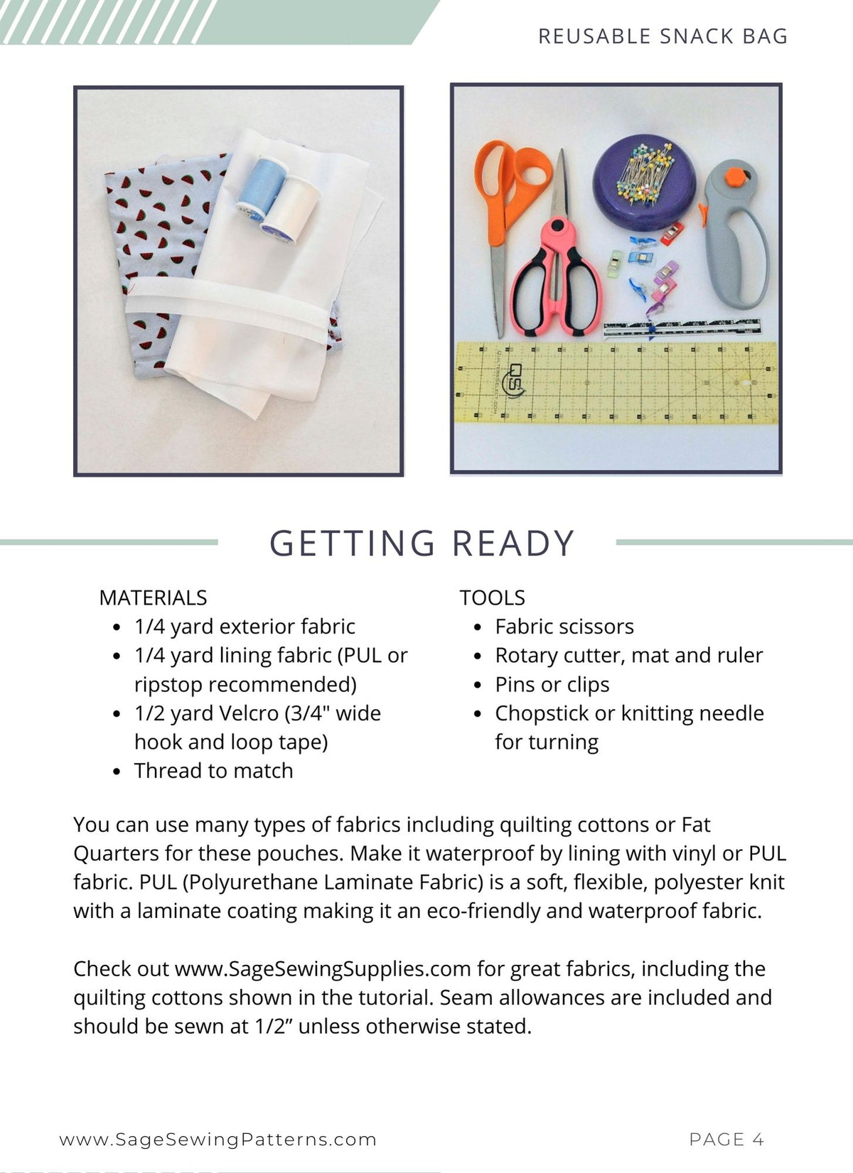 Velcro Reusable Snack Bag, digital sewing pattern tutorial in 2 sizes