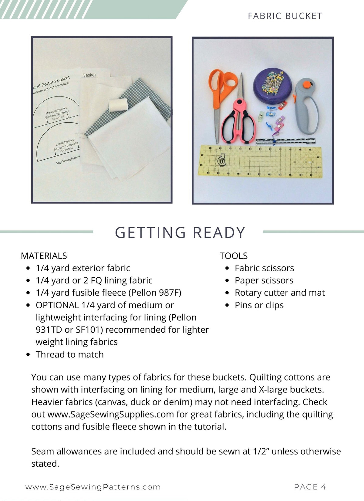 Round Bottom Bucket, digital sewing pattern tutorial 4 sizes