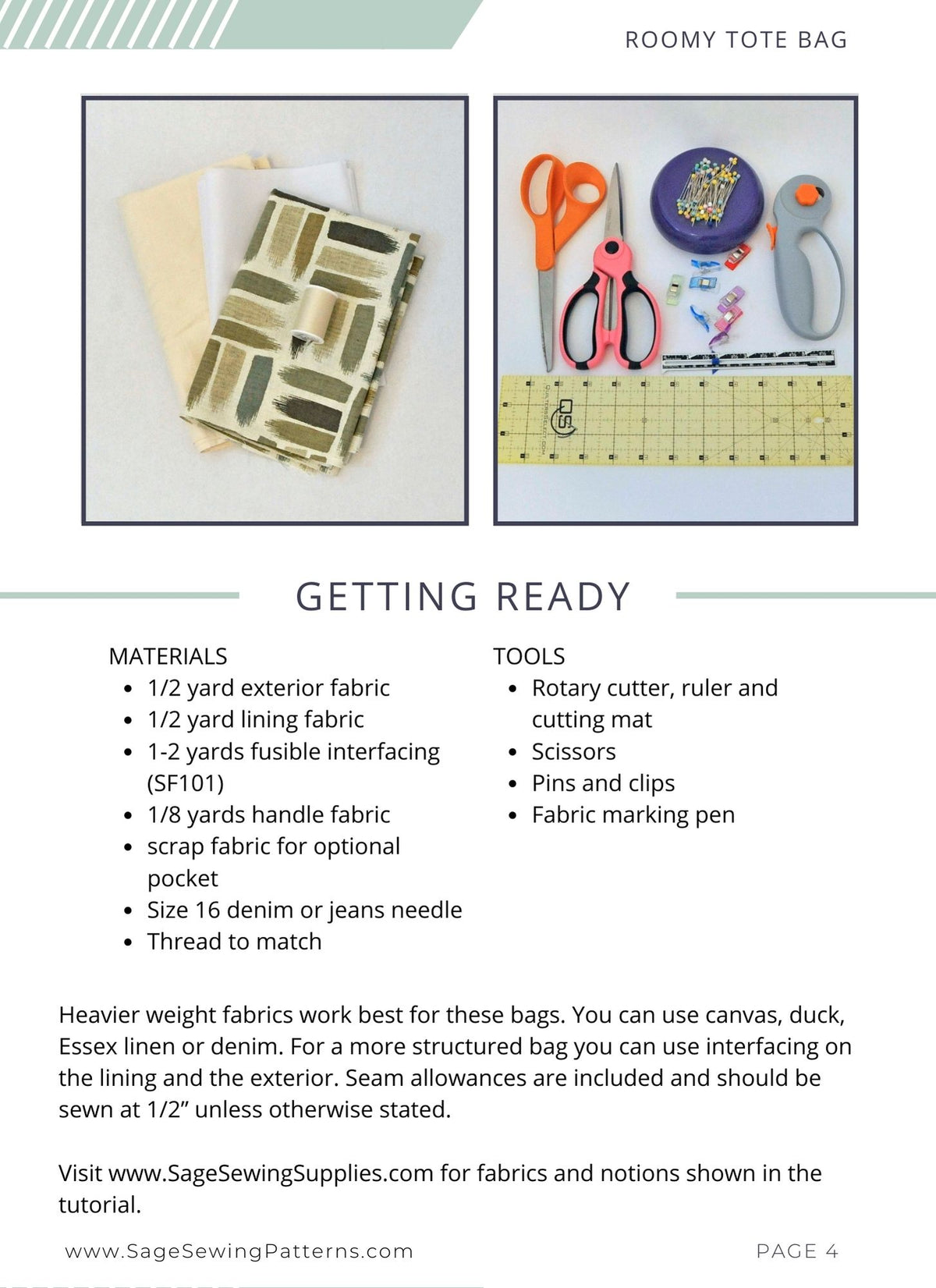 Roomy Tote Bag, digital sewing pattern tutorial 3 sizes