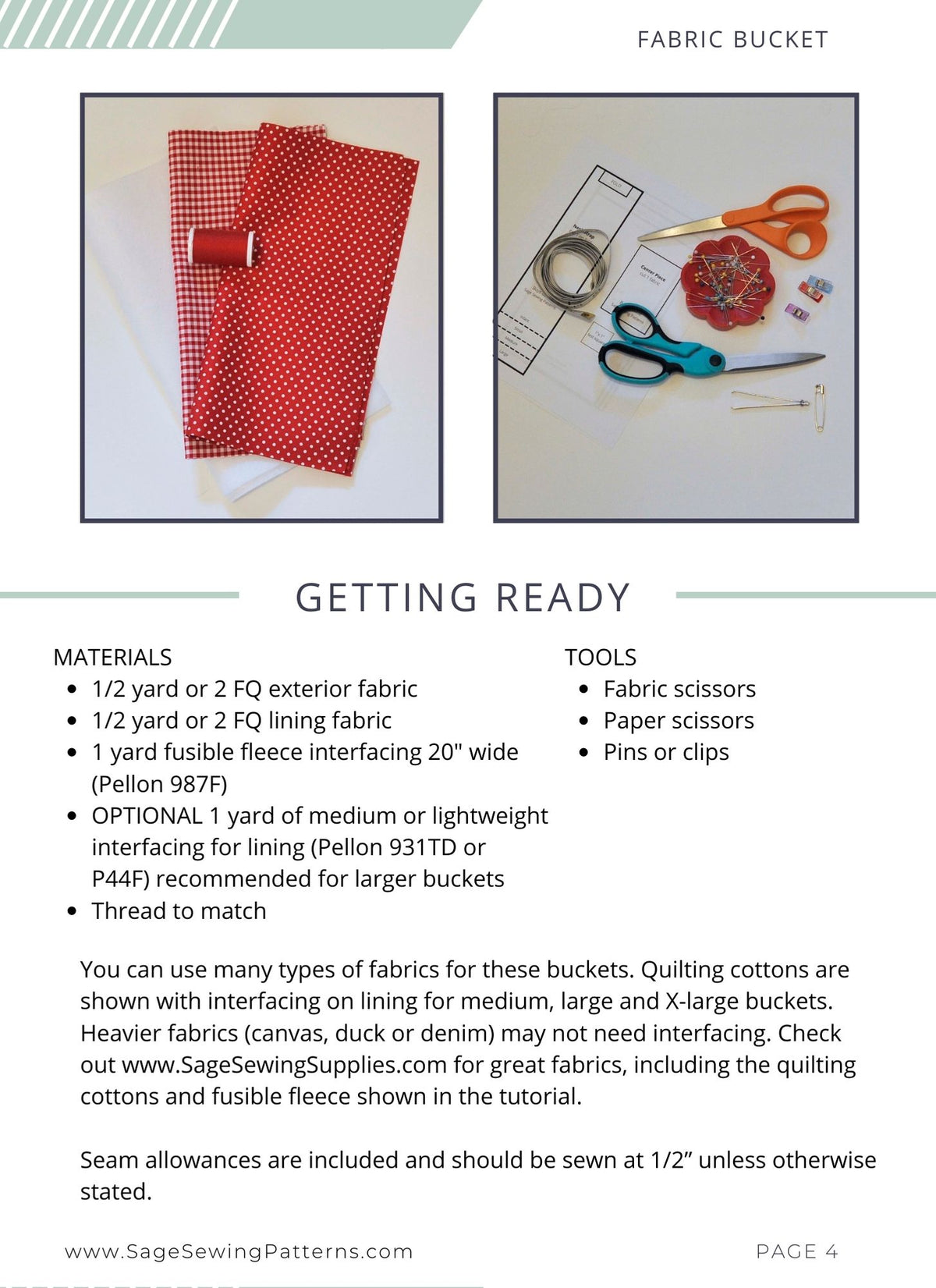 Fabric Bucket Basket, digital sewing pattern tutorial 5 sizes