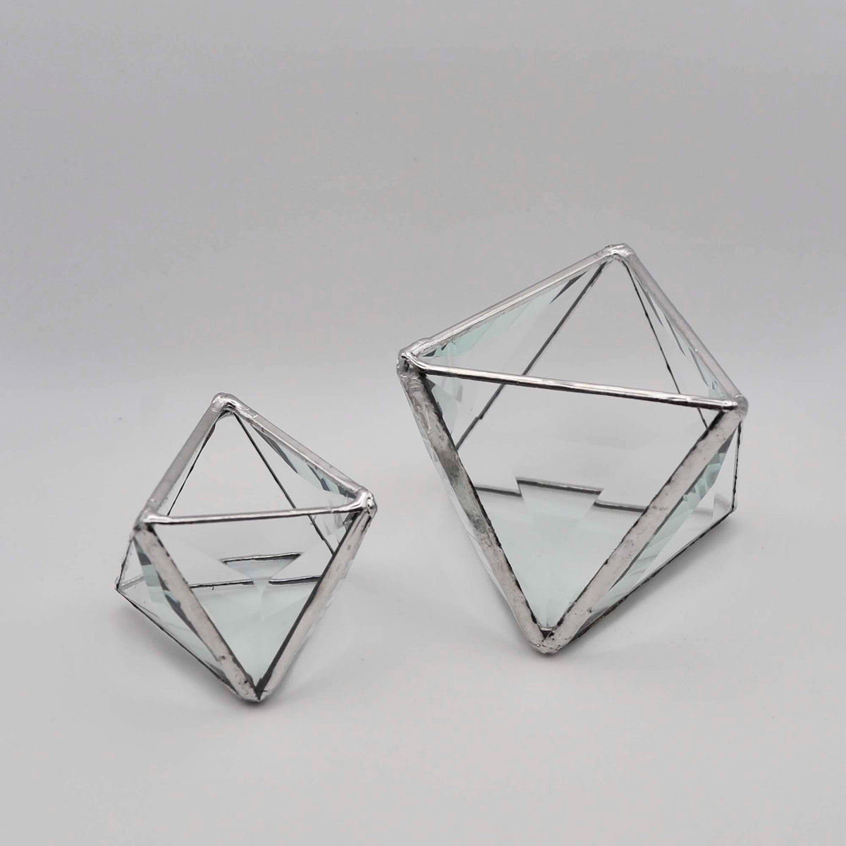 Geometric Pyramid Bevel hanging terrarium, clear faceted stained glass prisms make a 3D geometric planter for air plants, two sizes