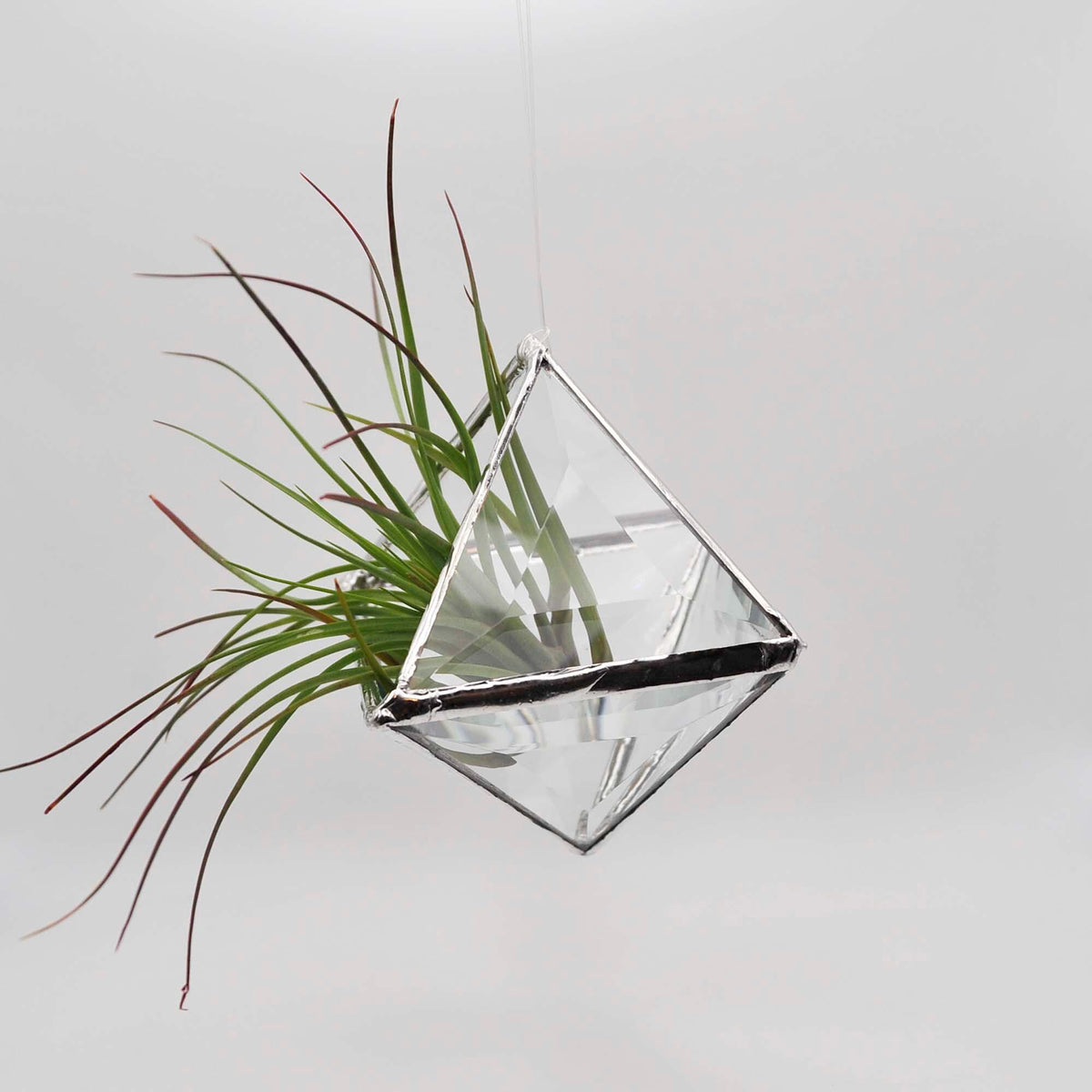 Geometric Pyramid Bevel hanging terrarium, clear faceted stained glass prisms make a 3D geometric planter for air plants, two sizes